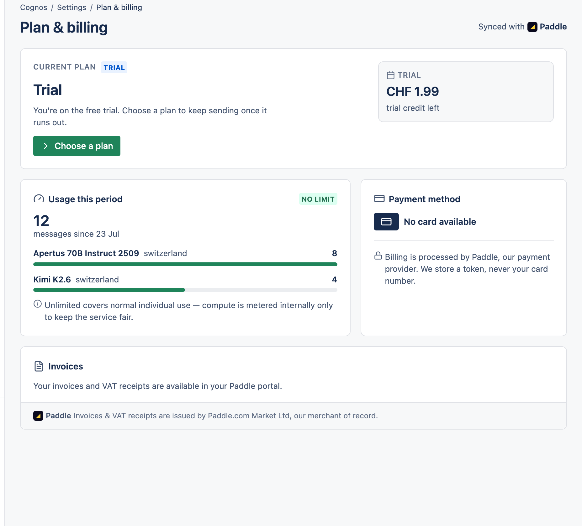 The Plan & billing page with the current plan and invoices.