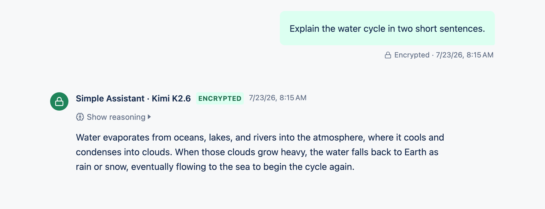 A sent message and the assistant's reply in a conversation.