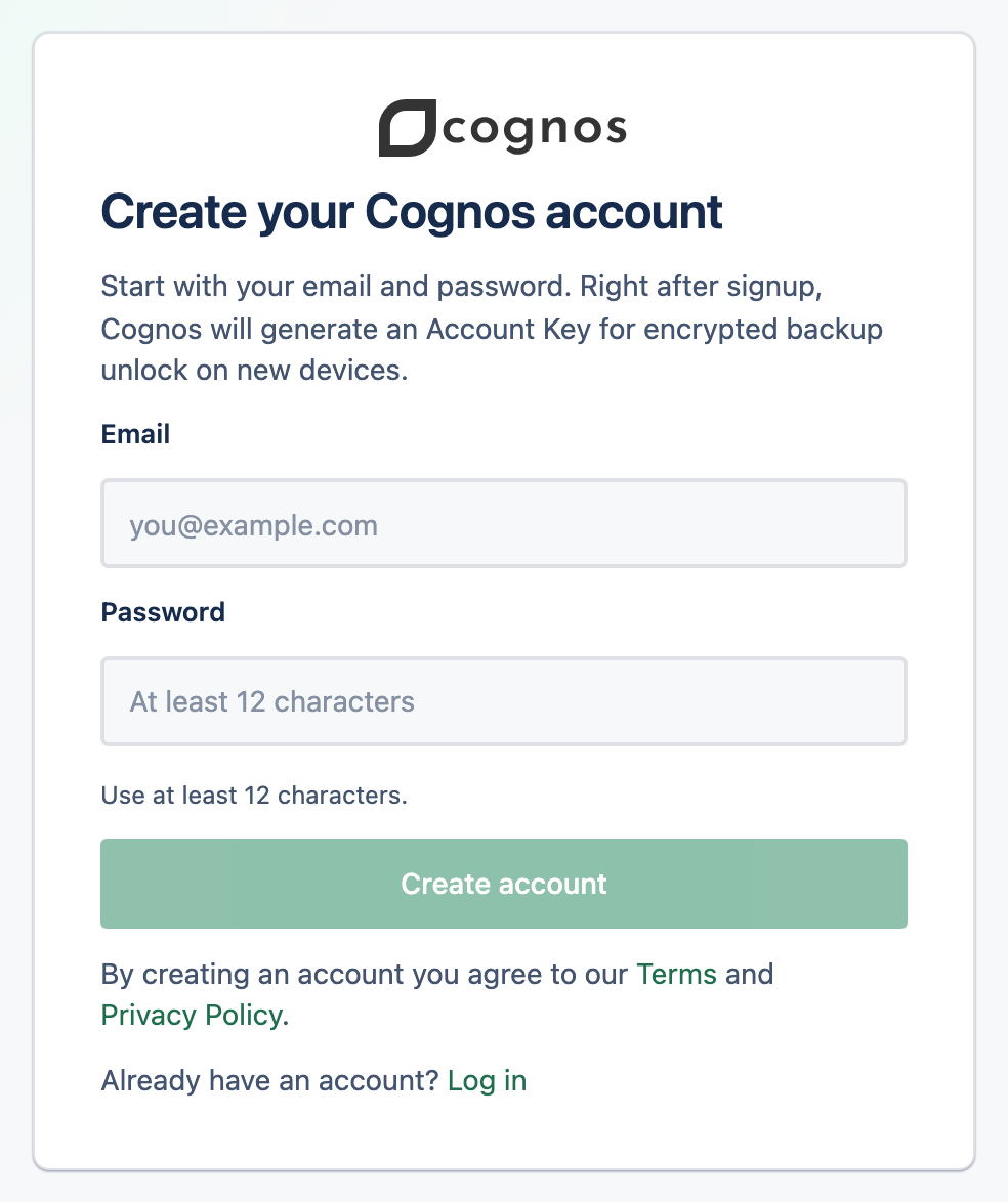 The Cognos sign-up form with email and password fields and a Create account button.