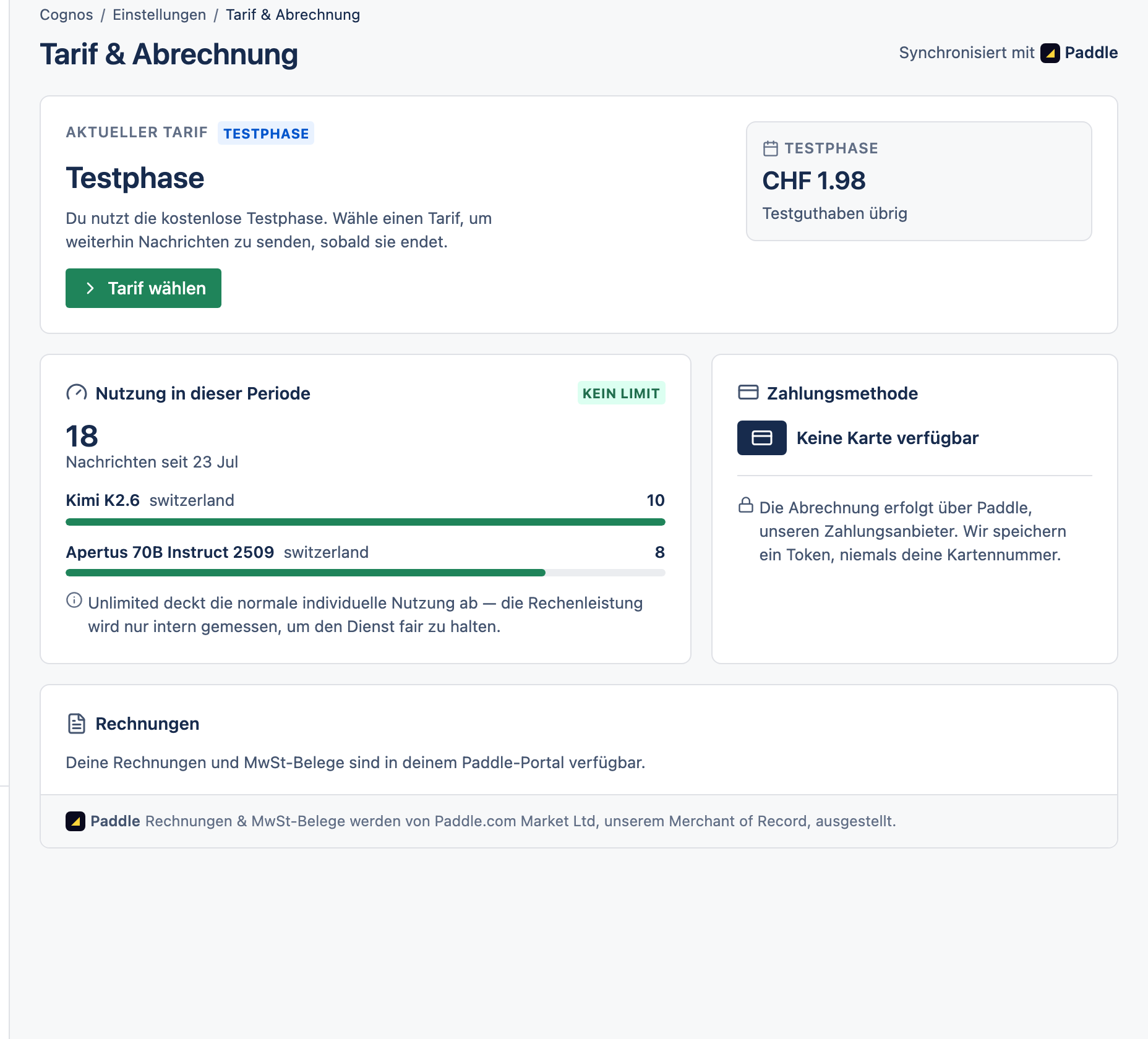 Die Seite Tarif & Abrechnung mit dem aktuellen Tarif und den Rechnungen.