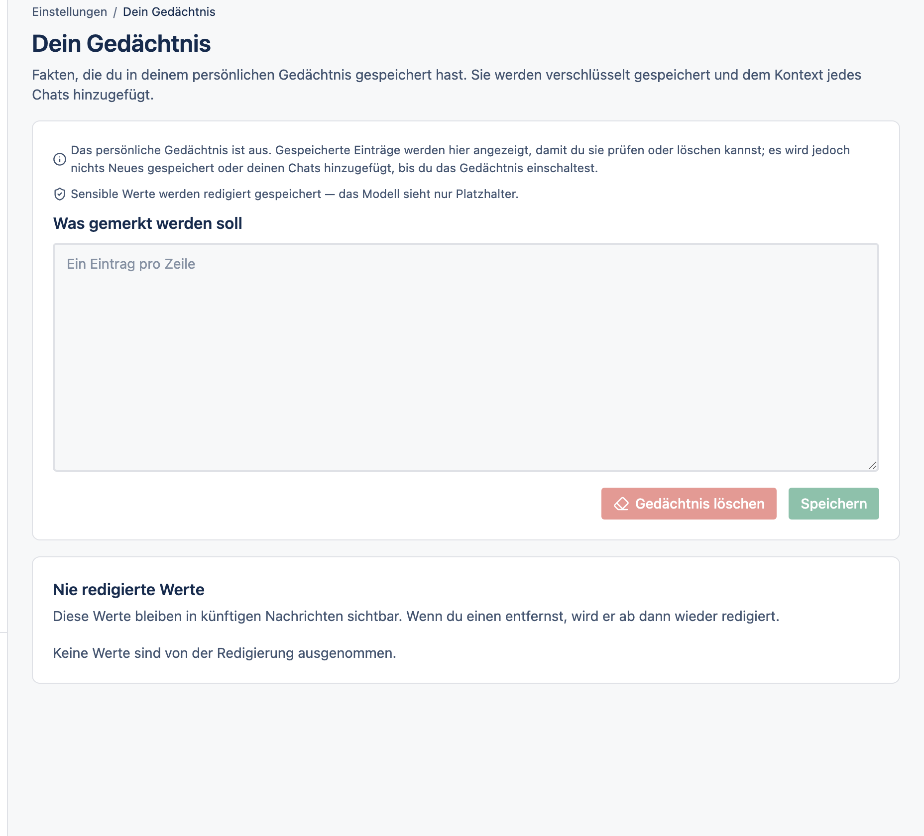 Die Einstellungsseite Gedächtnis.