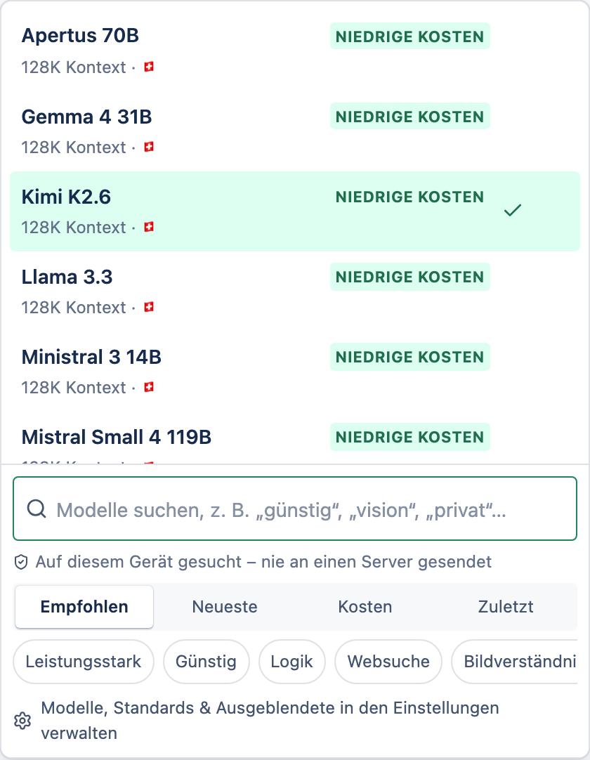 Die Modellauswahl mit angehefteten, zuletzt verwendeten und empfohlenen Modellen sowie Schnellfiltern.
