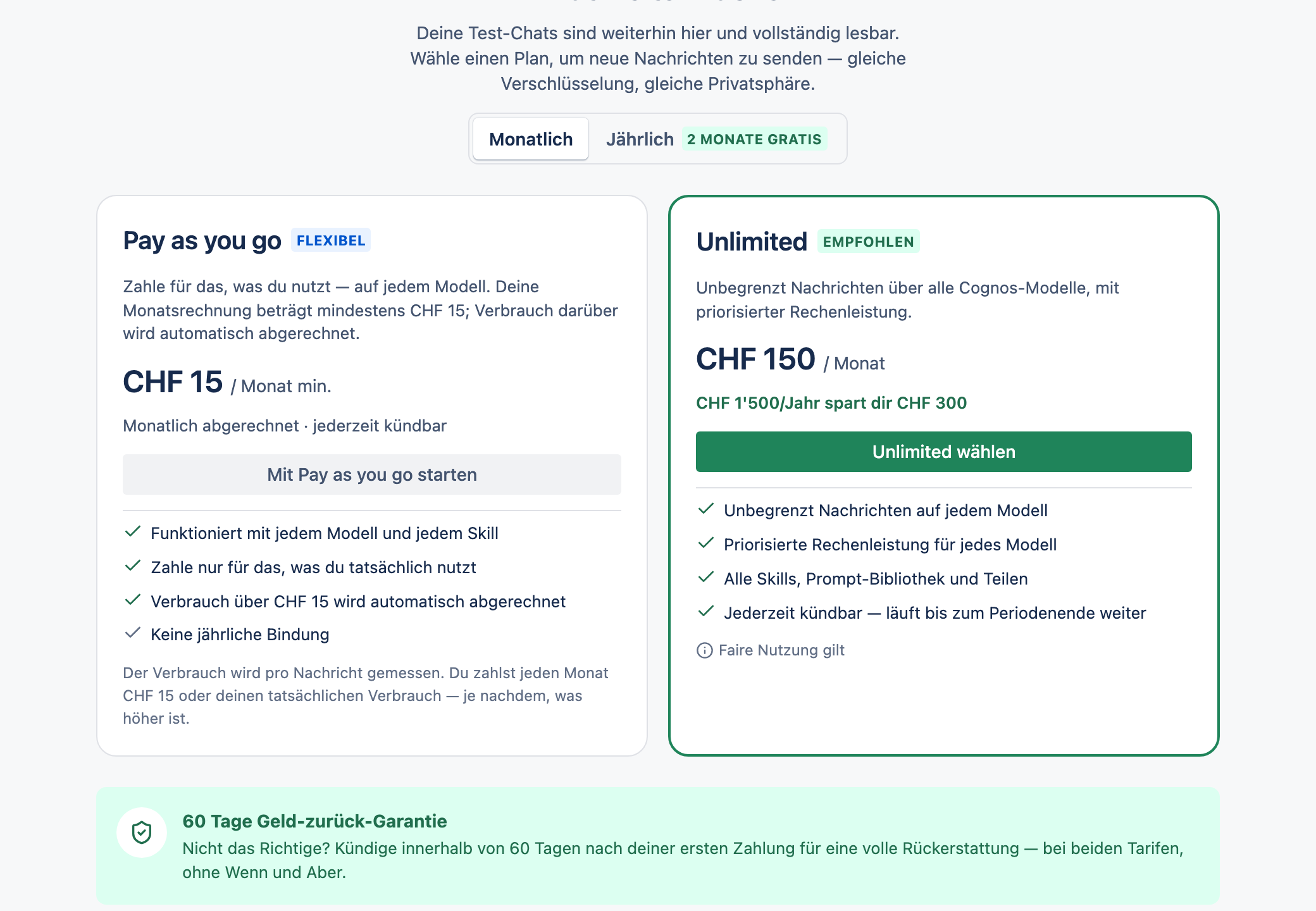 Die Preisseite mit den Tarifkarten Pay as you go und Unlimited.