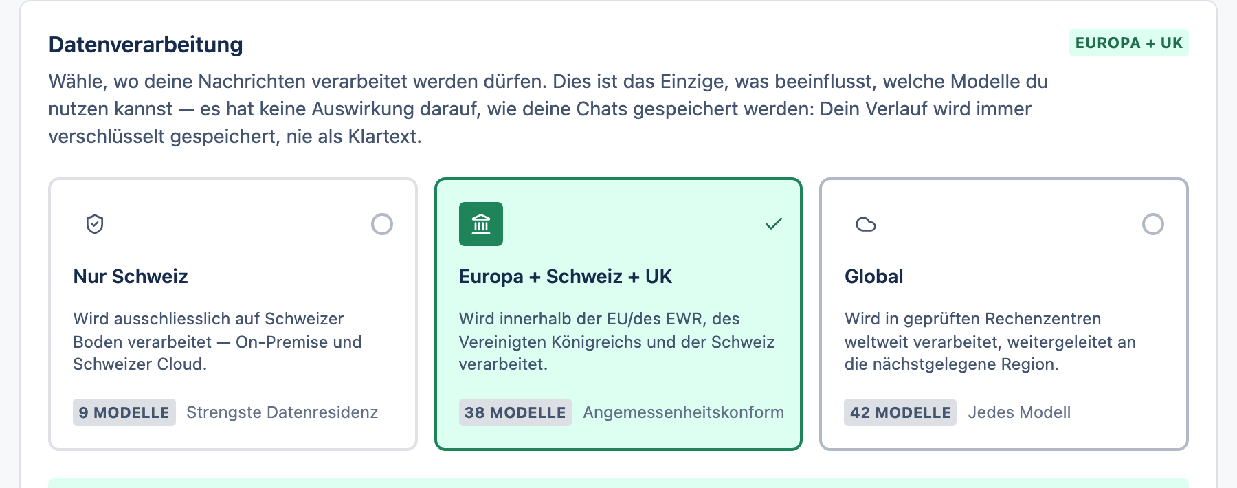 Die Karte Datenverarbeitung mit drei Regionskarten: Nur Schweiz, Europa und Global.