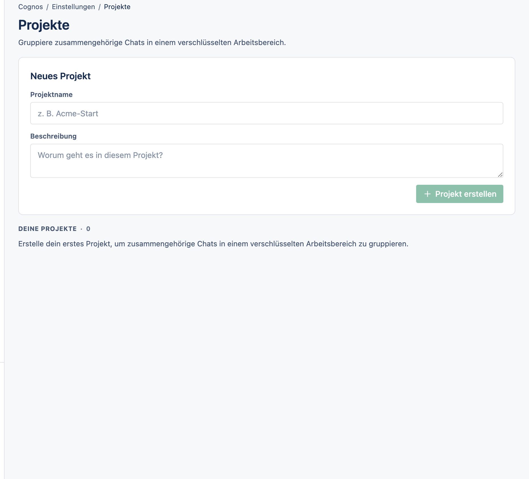 Die Seite Projekte mit einer Liste der Projekte.
