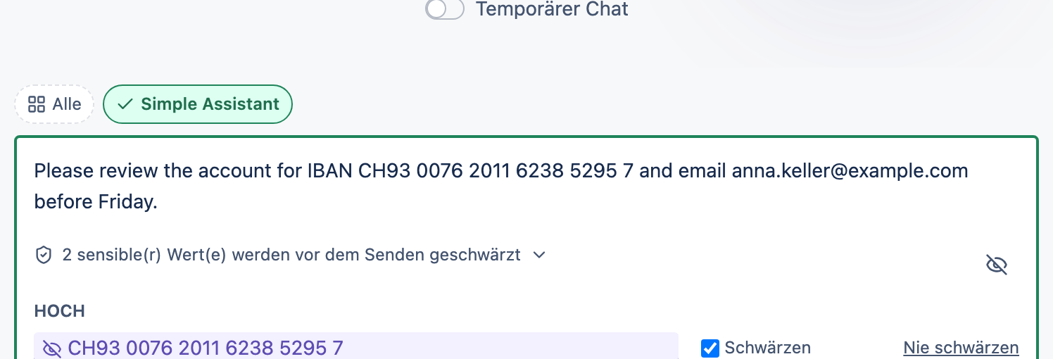 Das Nachrichtenfeld mit hervorgehobenen erkannten sensiblen Werten vor dem Senden.