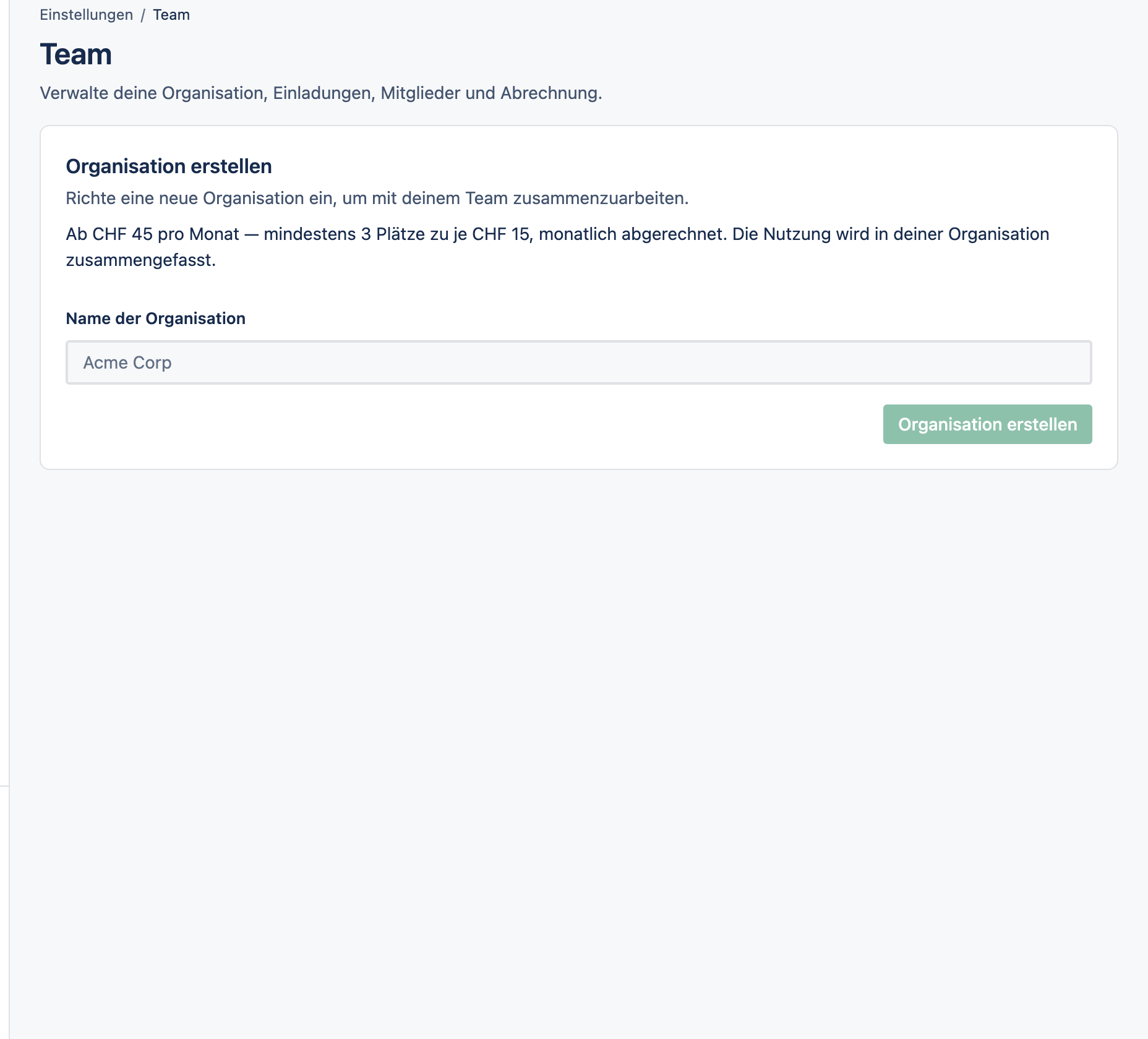 Die Team-Einstellungsseite für eine Organisation.