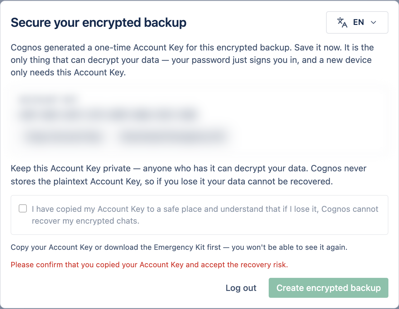 La schermata Proteggi il tuo backup crittografato con la Chiave dell'account, i pulsanti Copia e Scarica e una casella di conferma.
