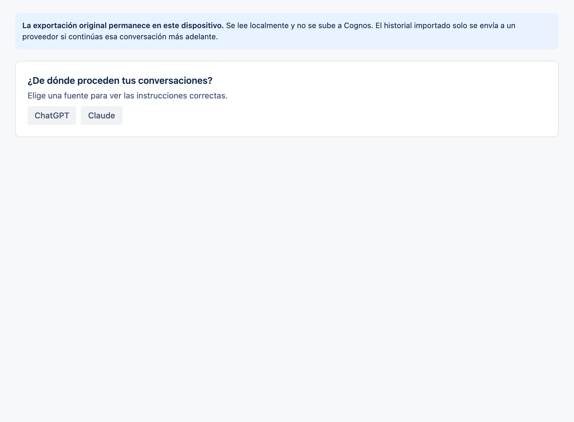 La página de importación con las opciones de origen para ChatGPT y Claude.