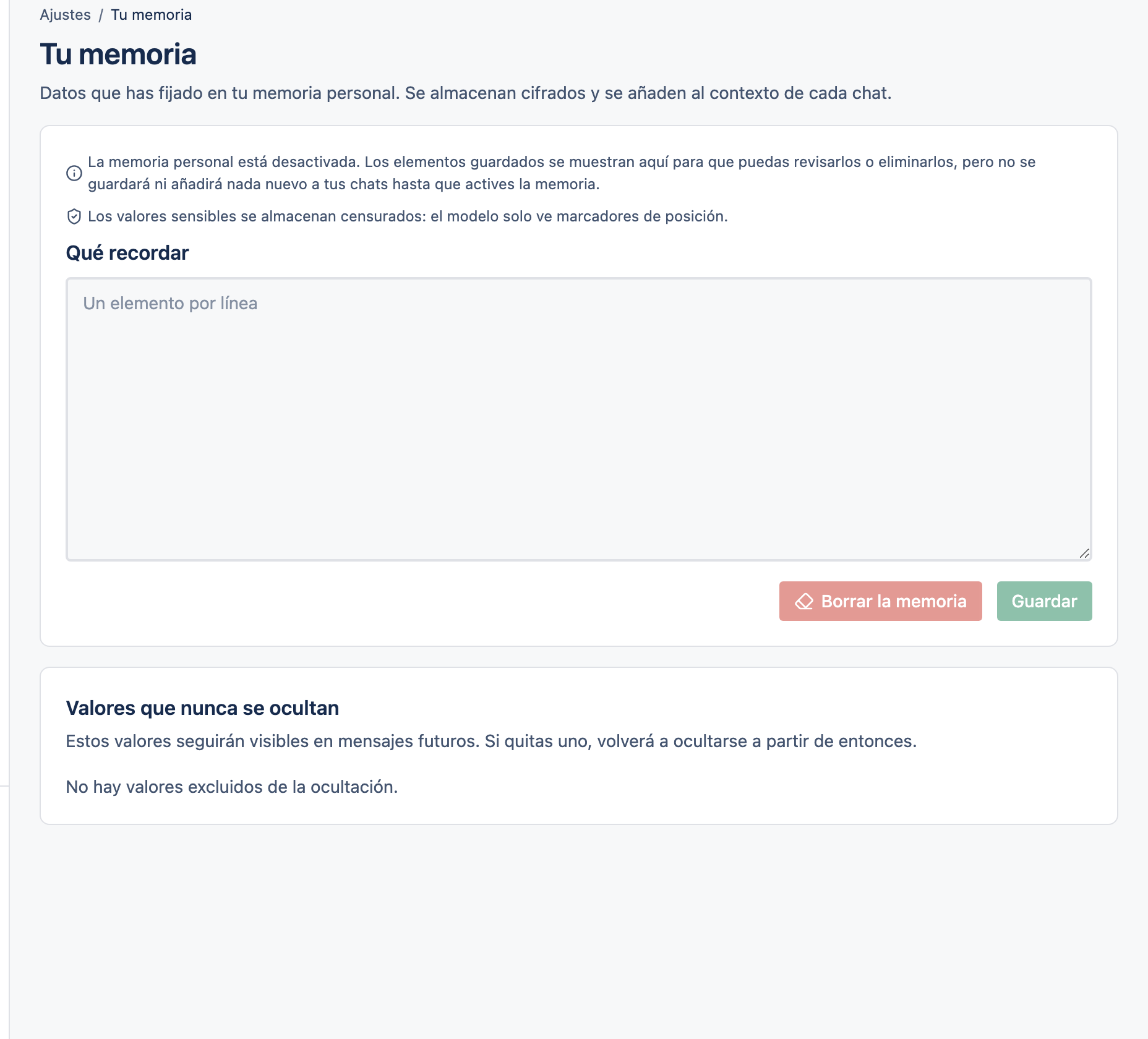 La página de configuración de Memoria.