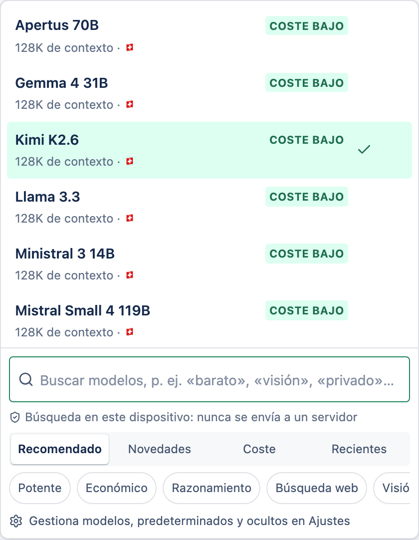 El selector de modelo mostrando modelos fijados, recientes y recomendados, con filtros rápidos.