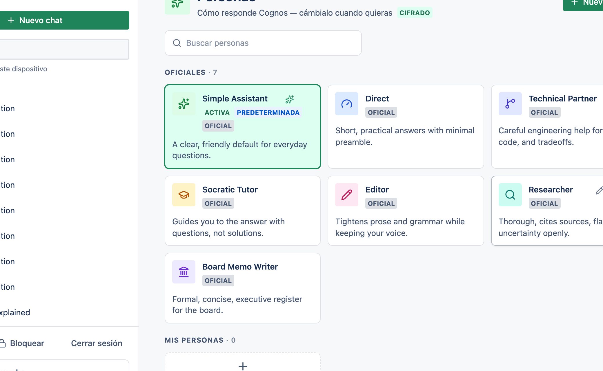 La página de Personas mostrando personas fijadas, recientes y oficiales en una cuadrícula.