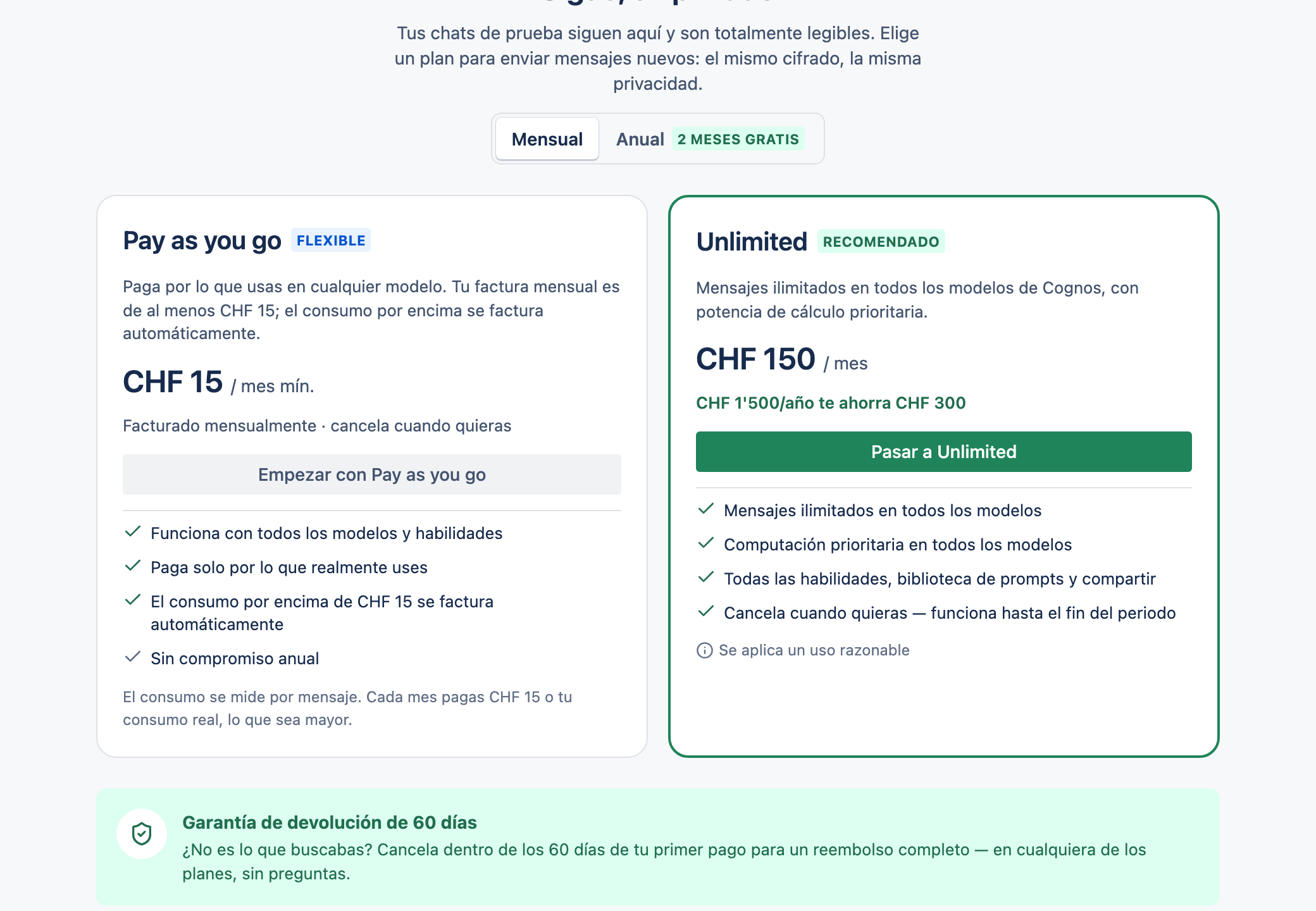 La página de precios mostrando las tarjetas de los planes Pay as you go y Unlimited.