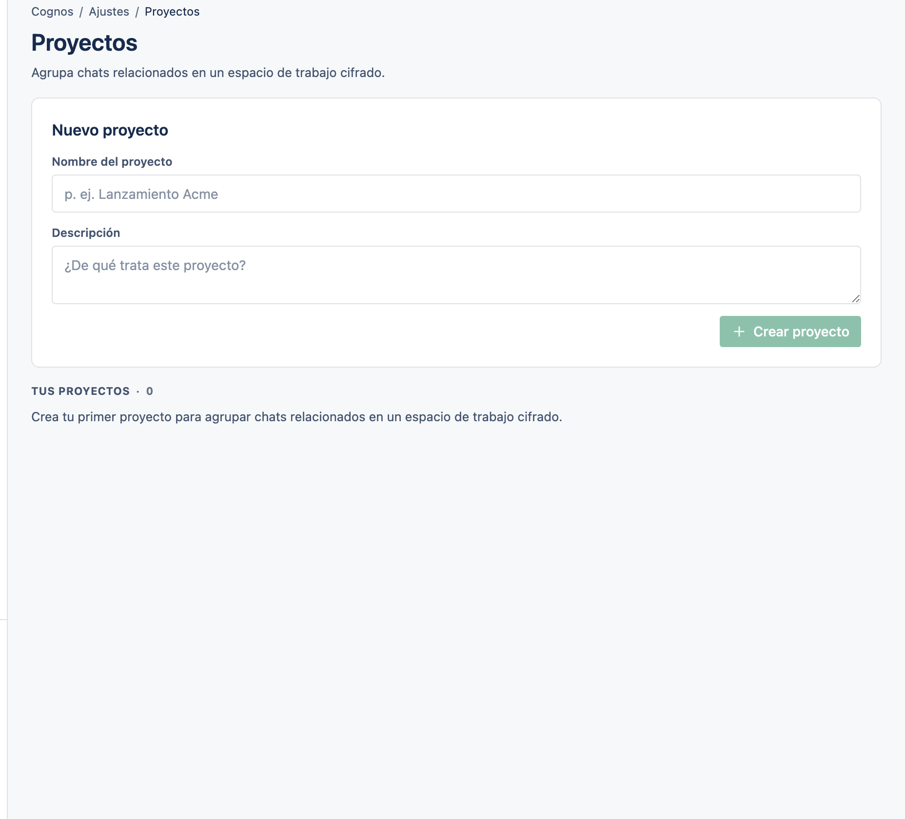 La página Proyectos con la lista de proyectos.