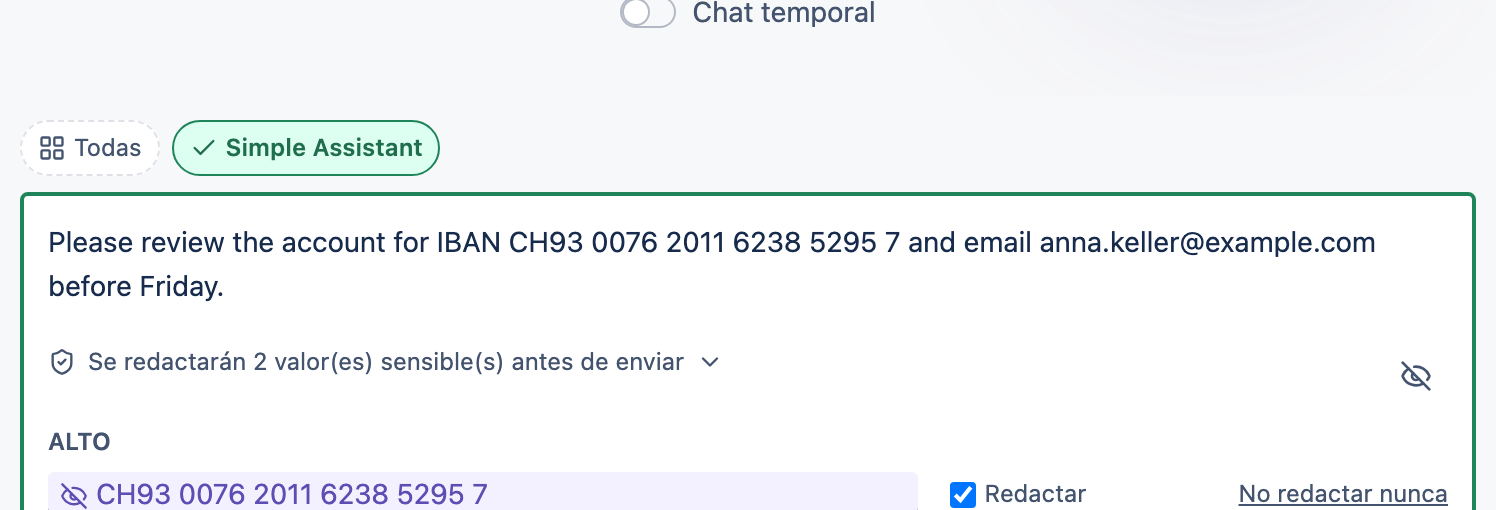 El cuadro de mensaje mostrando valores sensibles detectados resaltados antes de enviar.