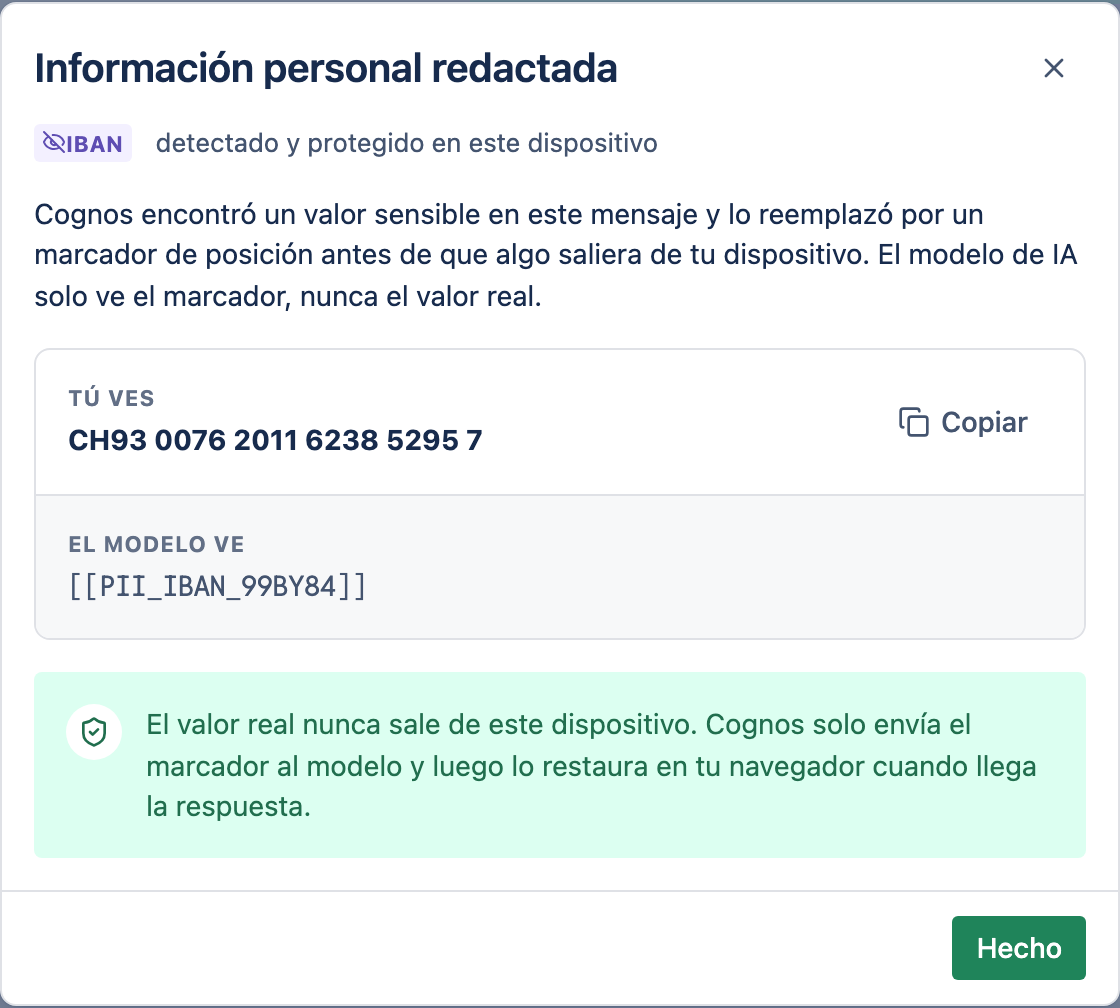 El modal Información personal redactada comparando lo que ves tú con lo que vio el modelo.