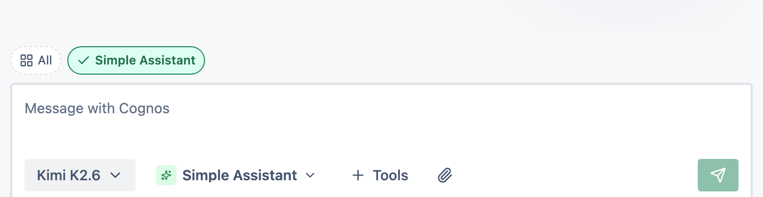 The Cognos chat with the message box at the bottom and the model picker above it.