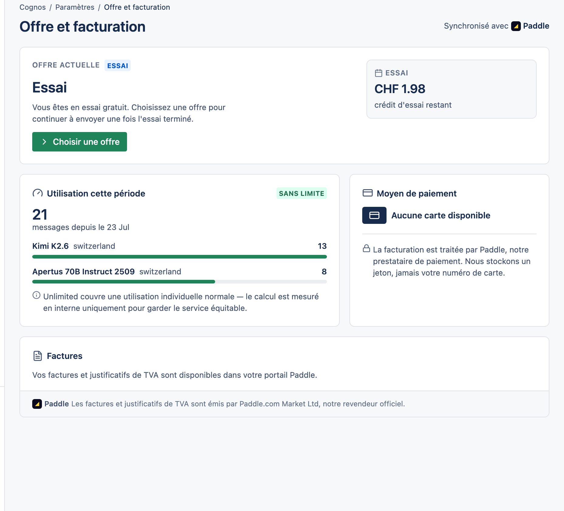 La page Offre et facturation avec le forfait actuel et les factures.