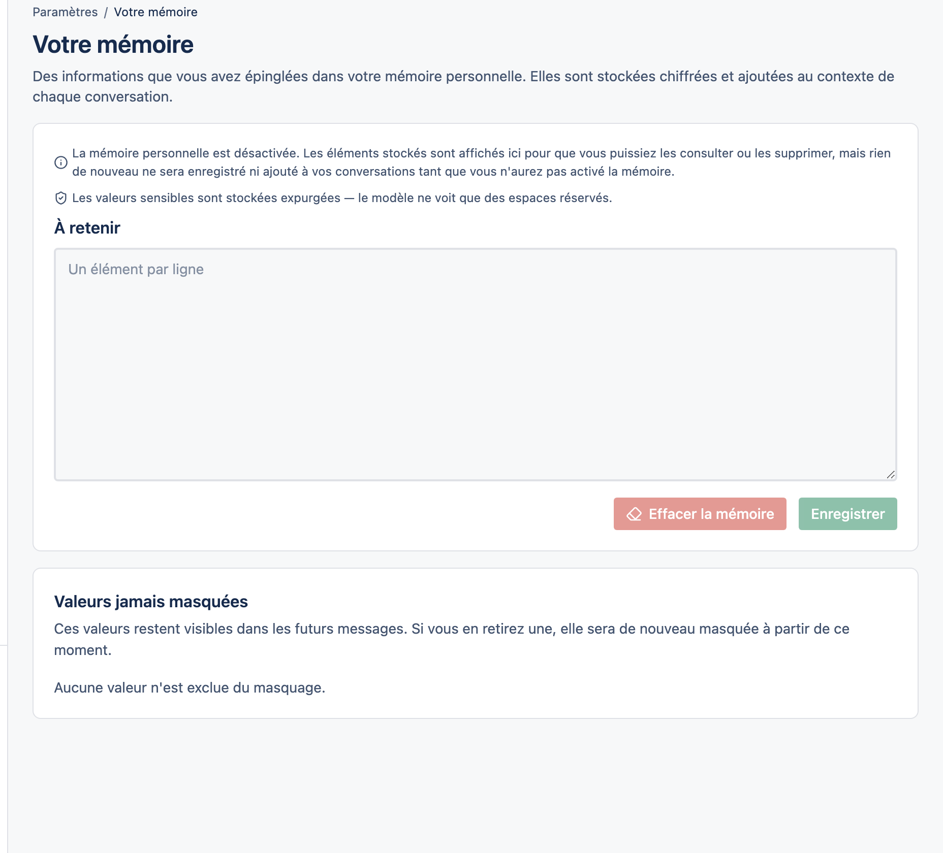 La page de réglages Mémoire.