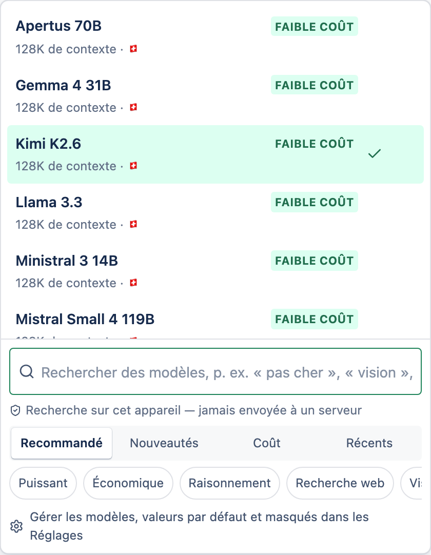 Le sélecteur de modèle affichant les modèles épinglés, récents et recommandés avec des filtres rapides.