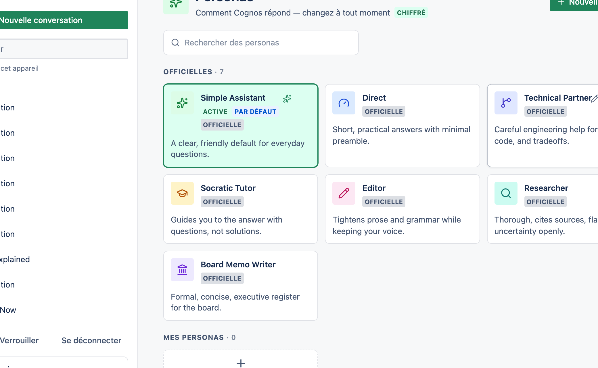 La page Personas affichant les personas épinglées, récentes et officielles dans une grille.