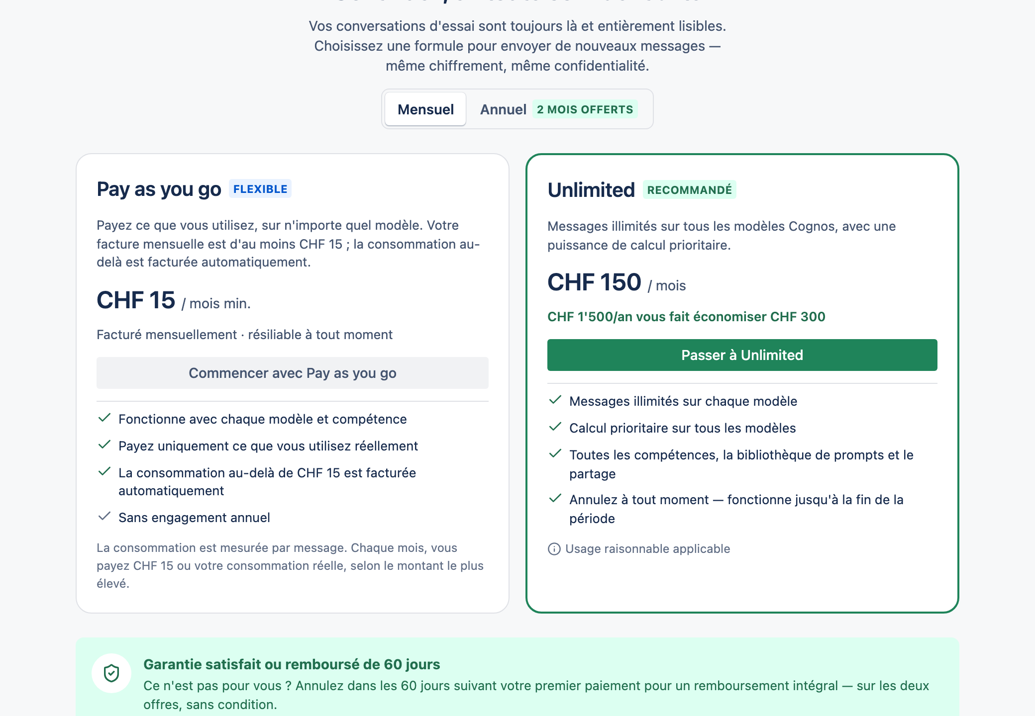 La page des tarifs affichant les cartes des forfaits Pay as you go et Unlimited.