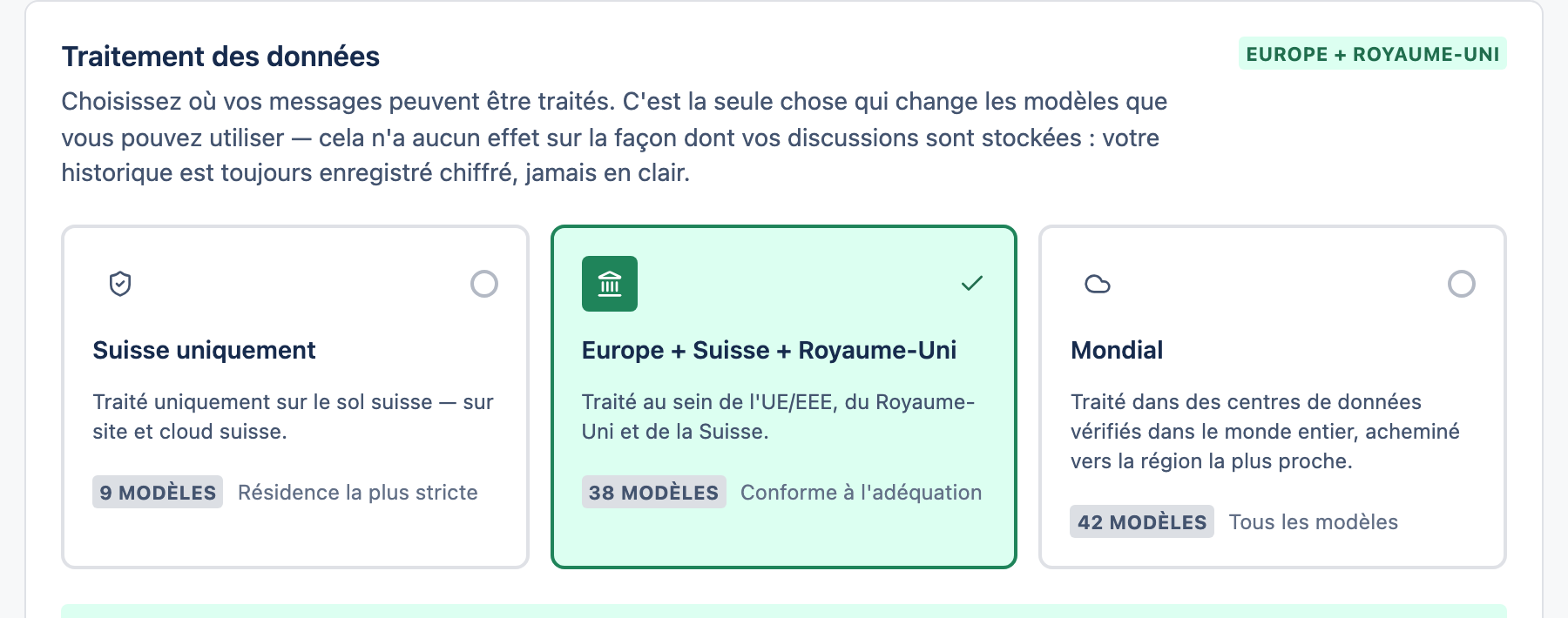 La carte Traitement des données avec trois cartes de niveau de confidentialité : Suisse uniquement, Europe et Mondial.