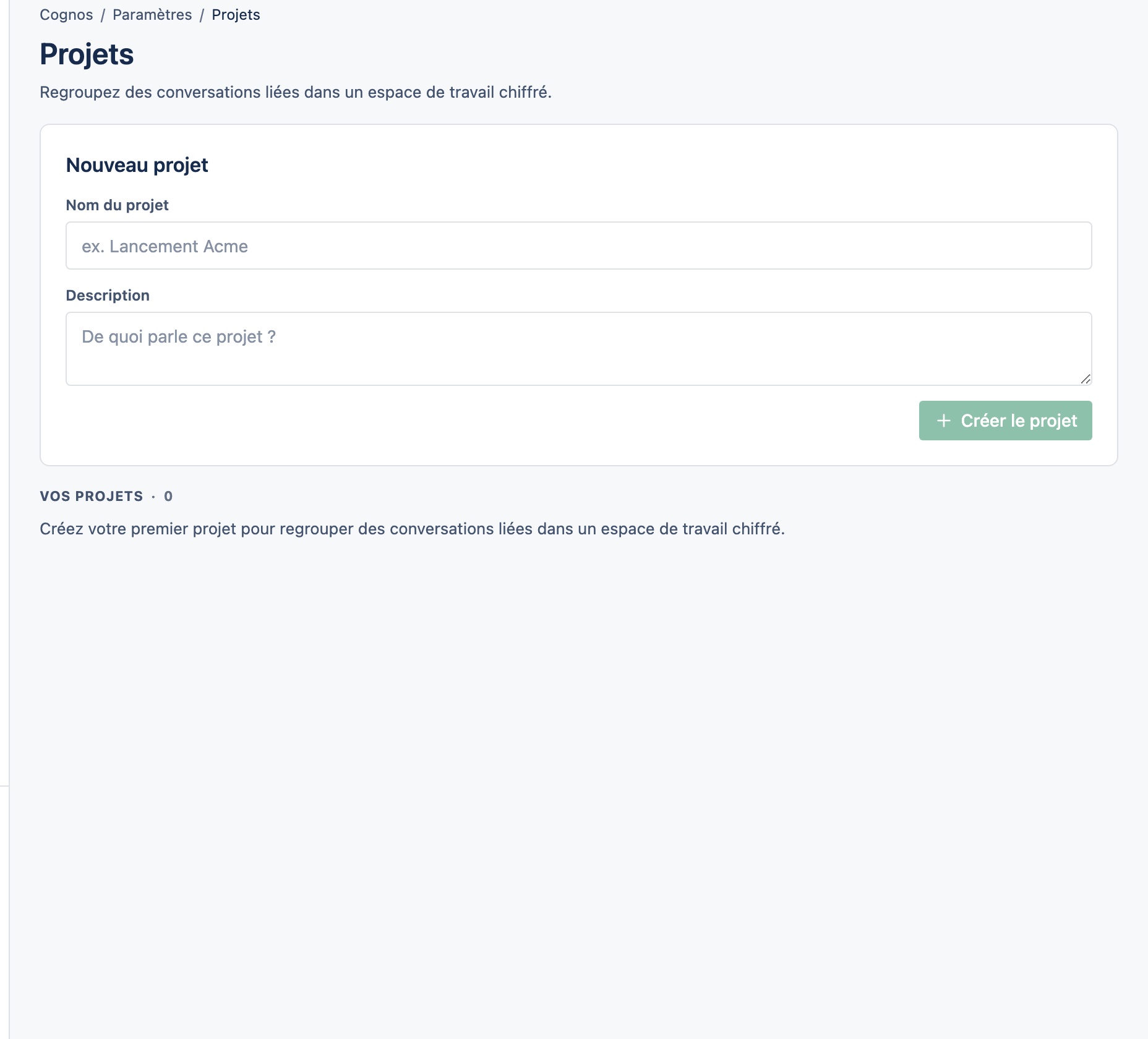 La page Projets répertoriant les projets.