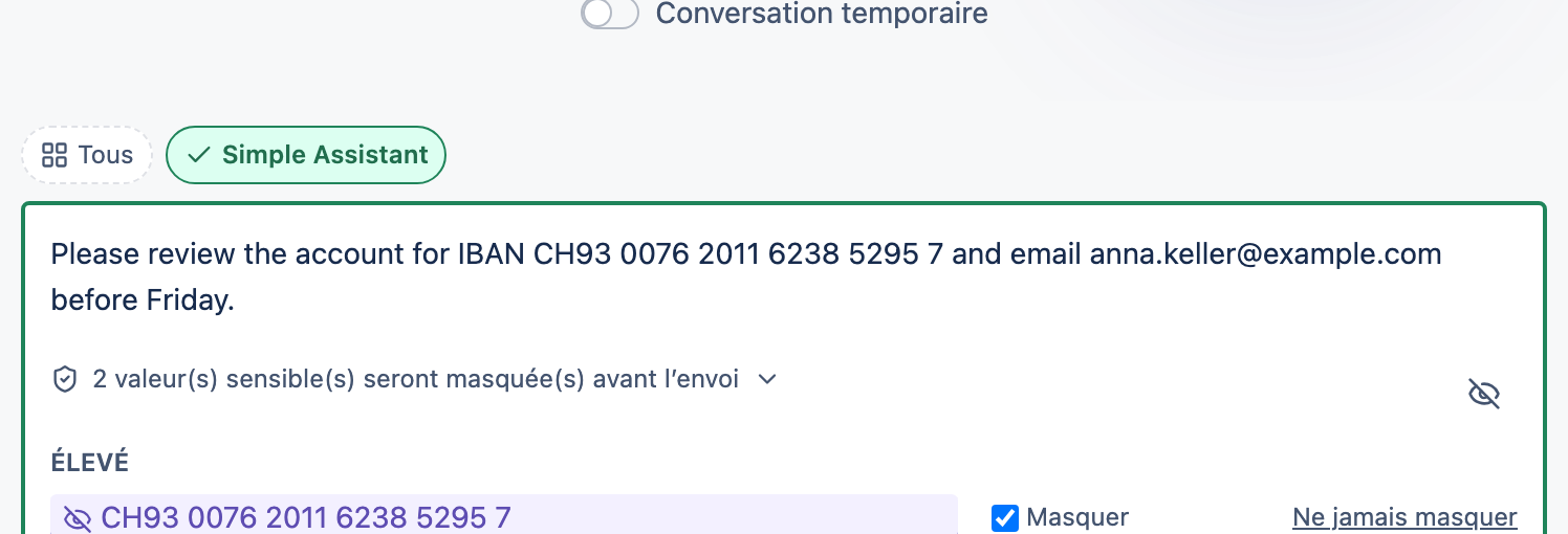 La zone de message affichant les valeurs sensibles détectées, surlignées avant l'envoi.