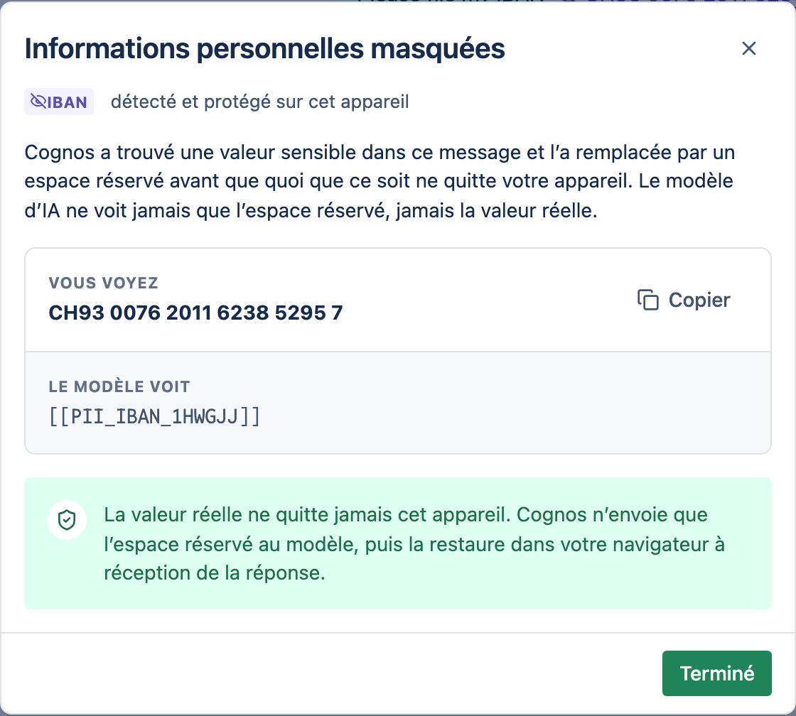 La fenêtre Informations personnelles masquées comparant ce que vous voyez avec ce que le modèle a vu.
