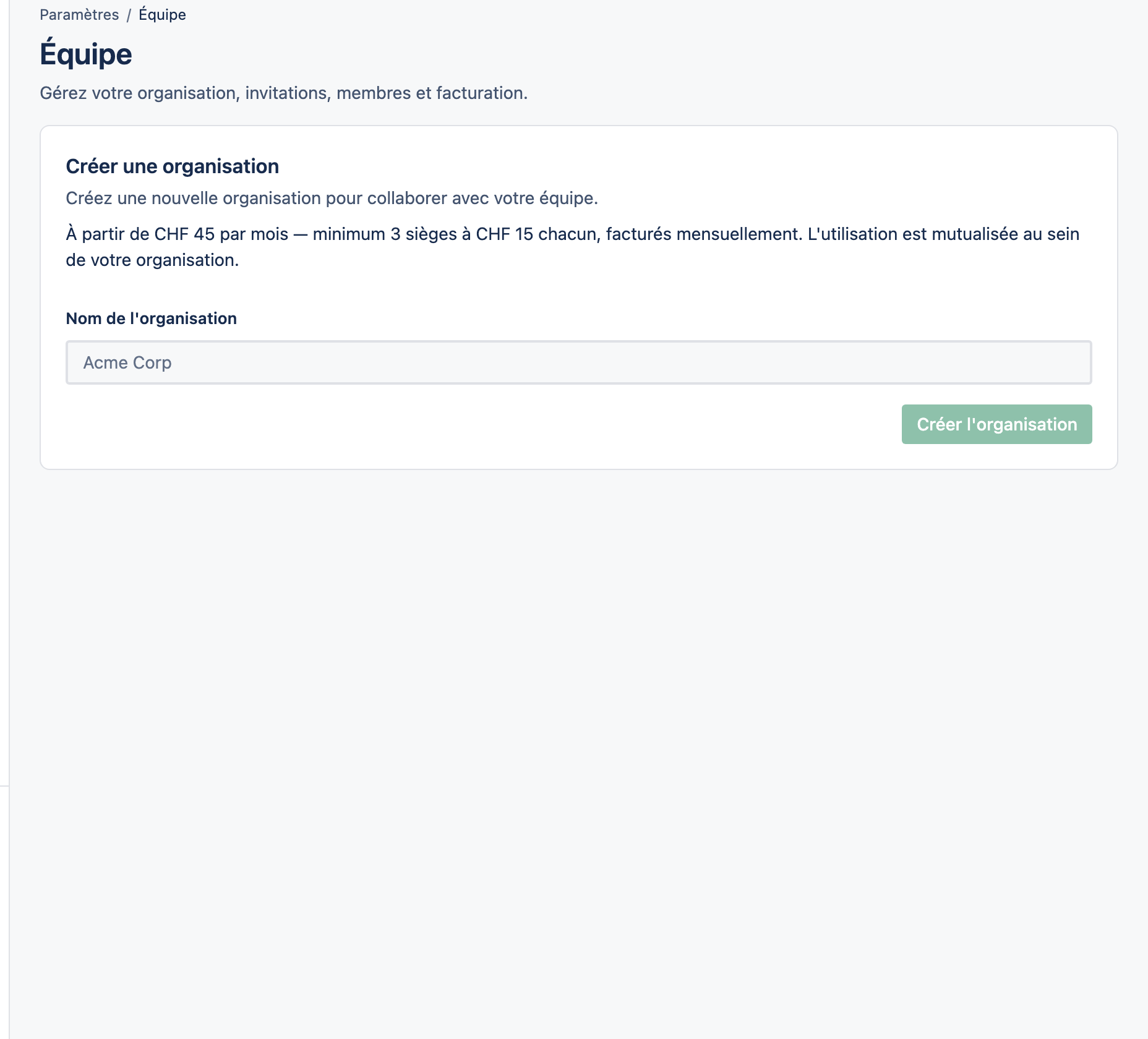 La page de réglages Équipe d'une organisation.