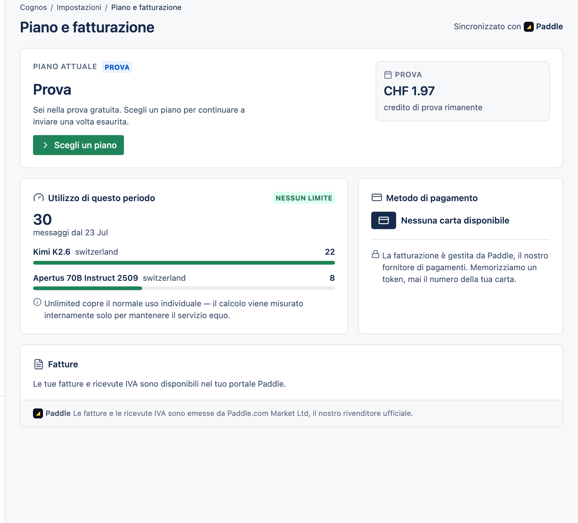 La pagina Piano e fatturazione con il piano attuale e le fatture.