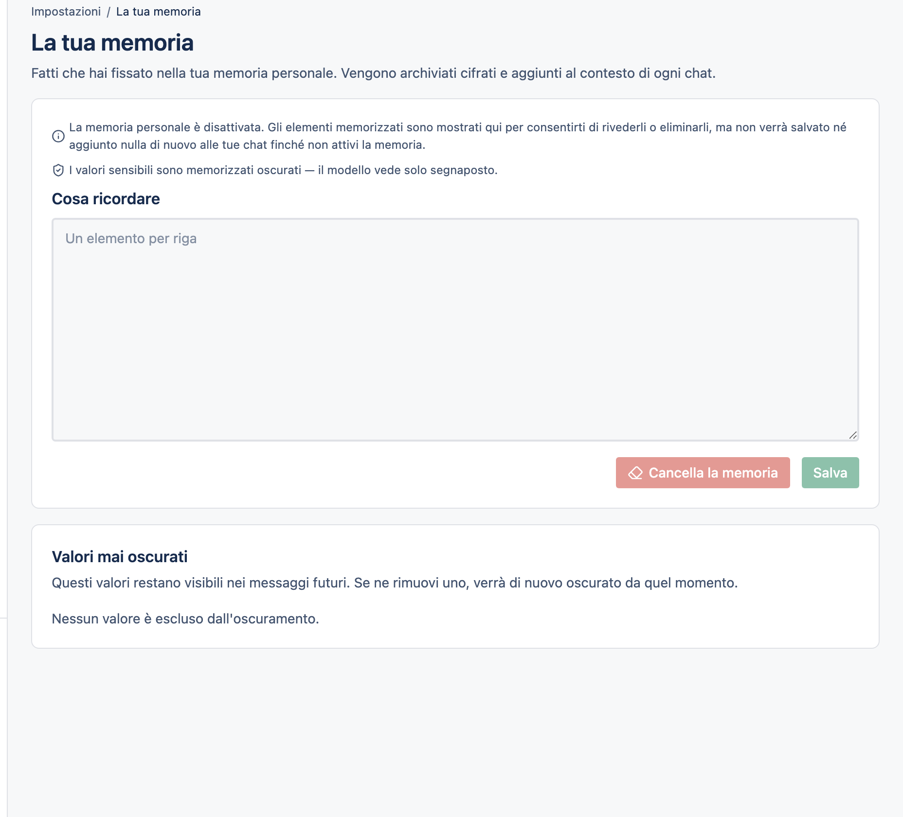 La pagina delle impostazioni della Memoria.