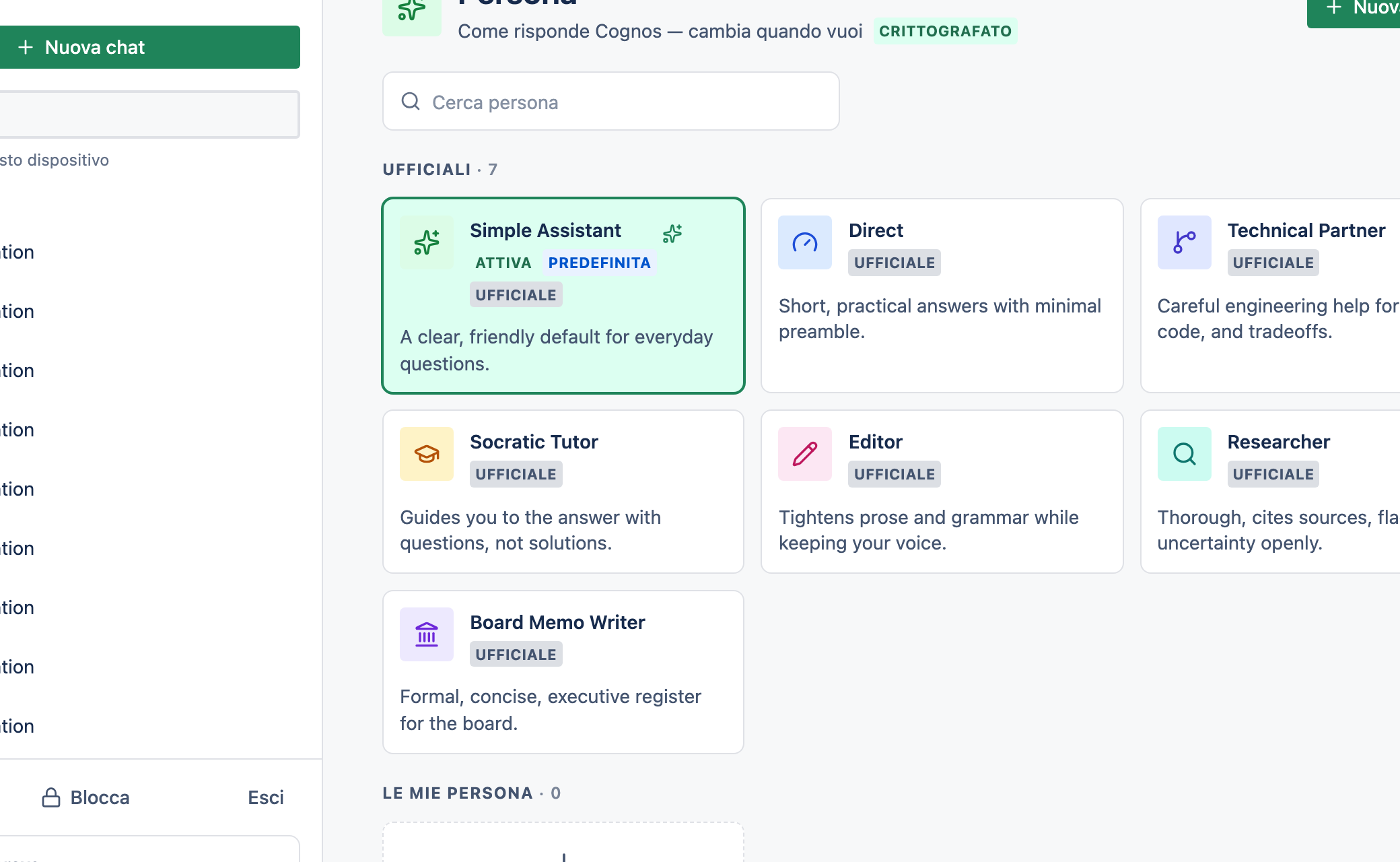 La pagina Persona che mostra persona fissate, recenti e ufficiali in una griglia.