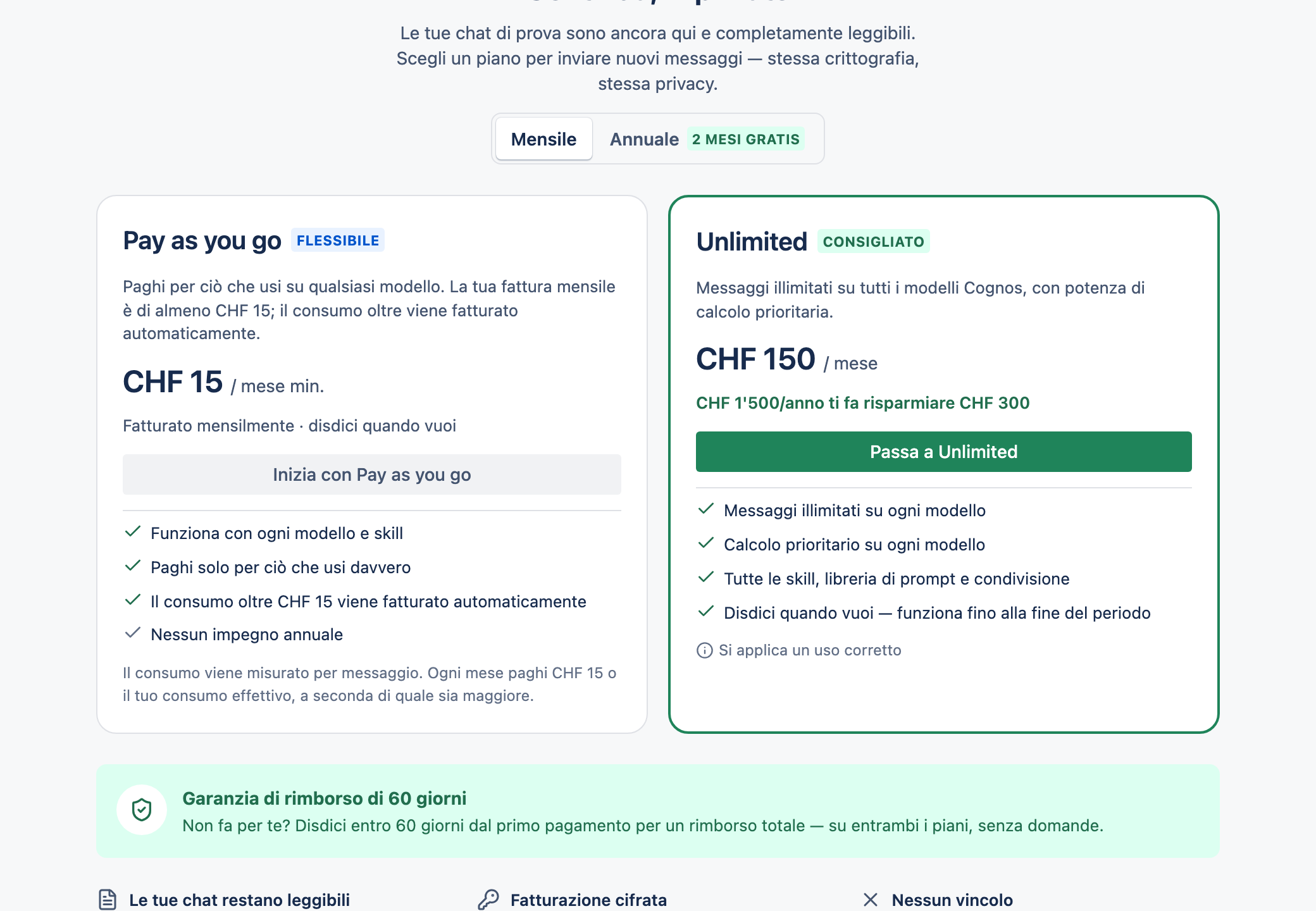La pagina dei prezzi che mostra le schede dei piani Pay as you go e Unlimited.