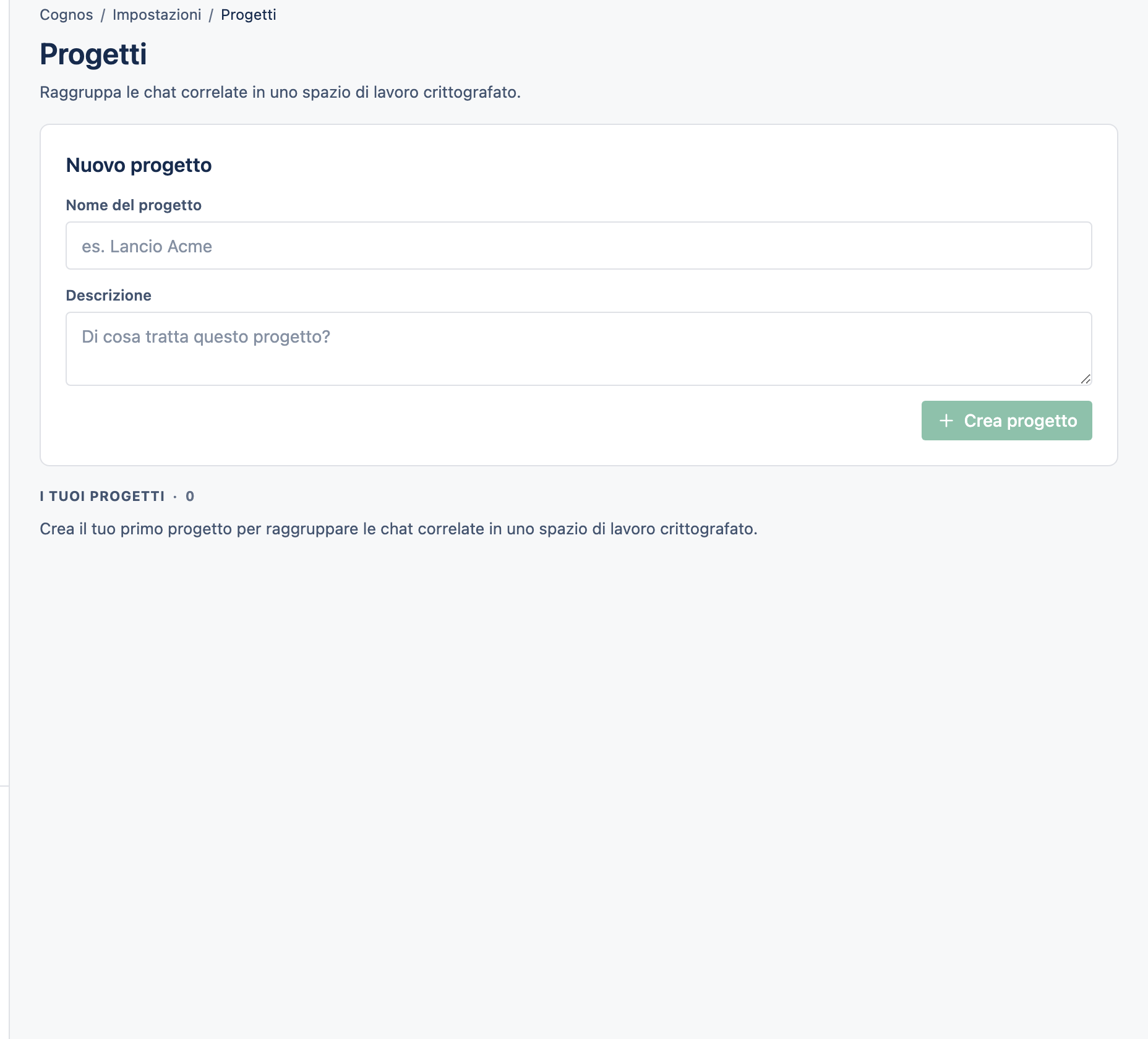 La pagina Progetti che elenca i progetti.