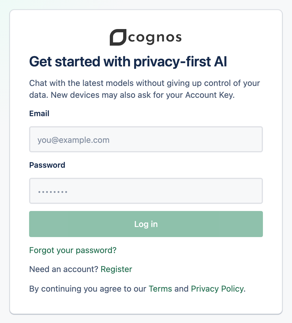 Die Cognos-Anmeldeseite mit Feldern für E-Mail und Passwort.