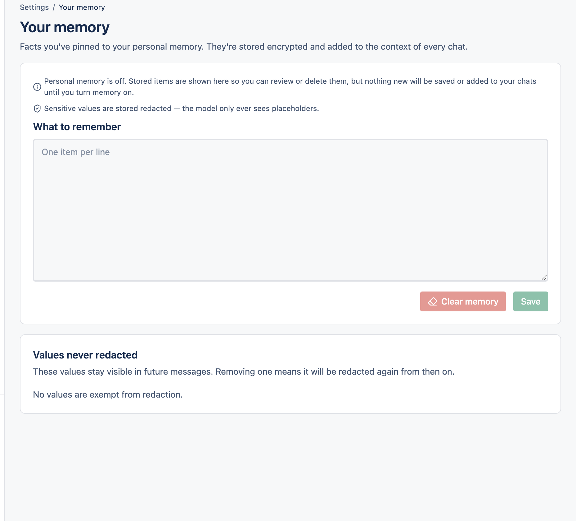 The Memory settings page.