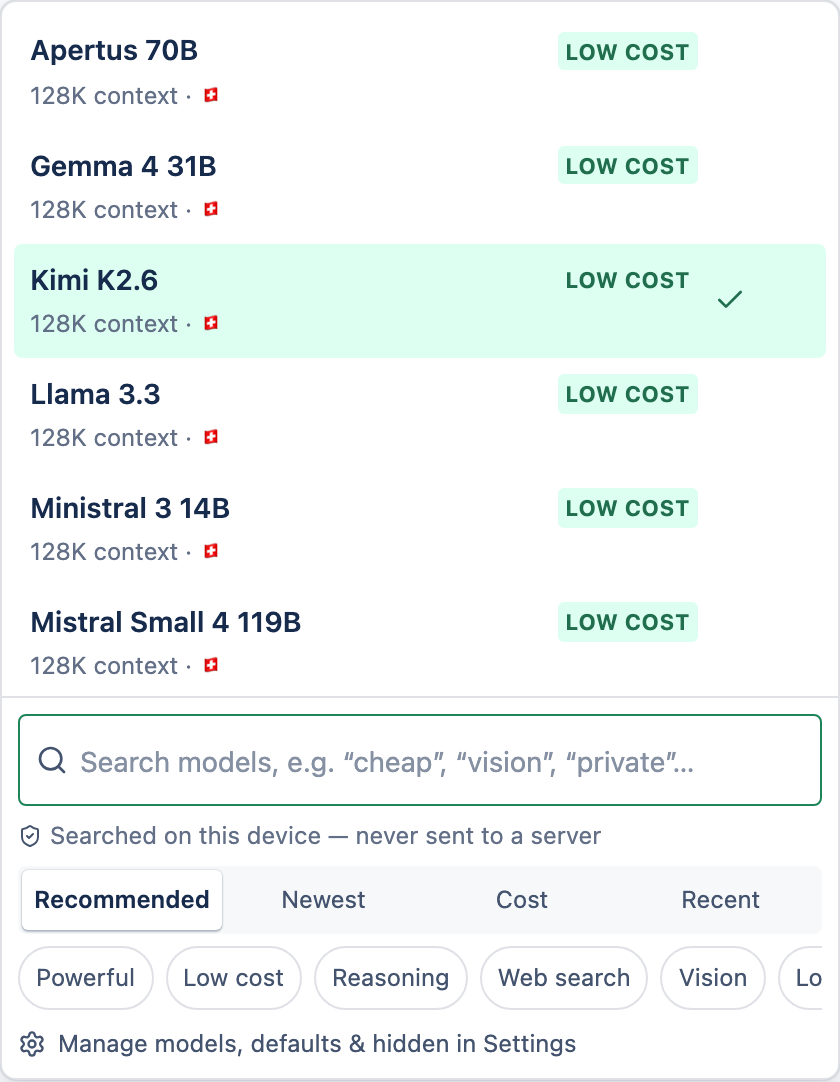 The model picker showing pinned, recent and recommended models with quick filters.