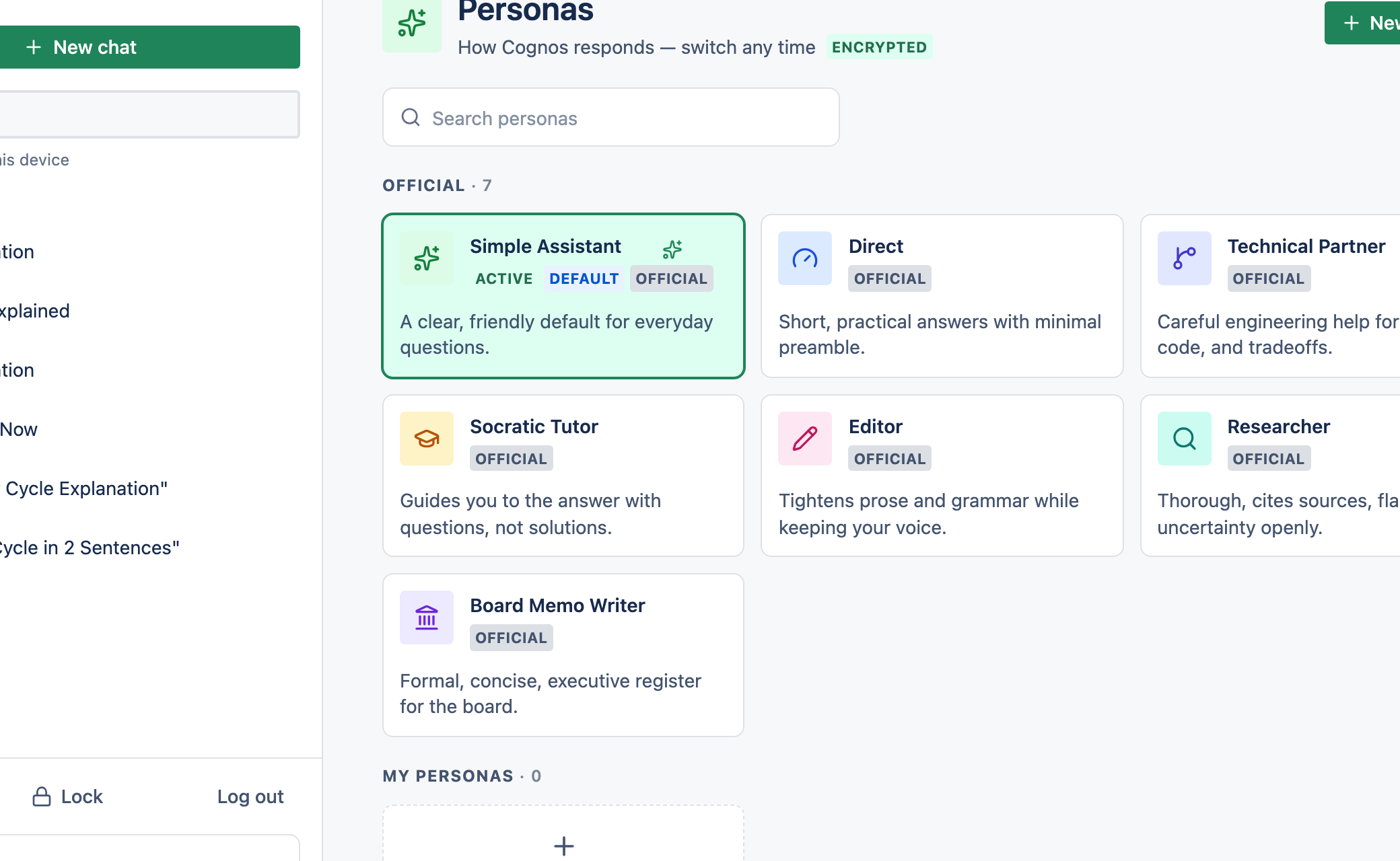 The Personas page showing pinned, recent and official personas in a grid.