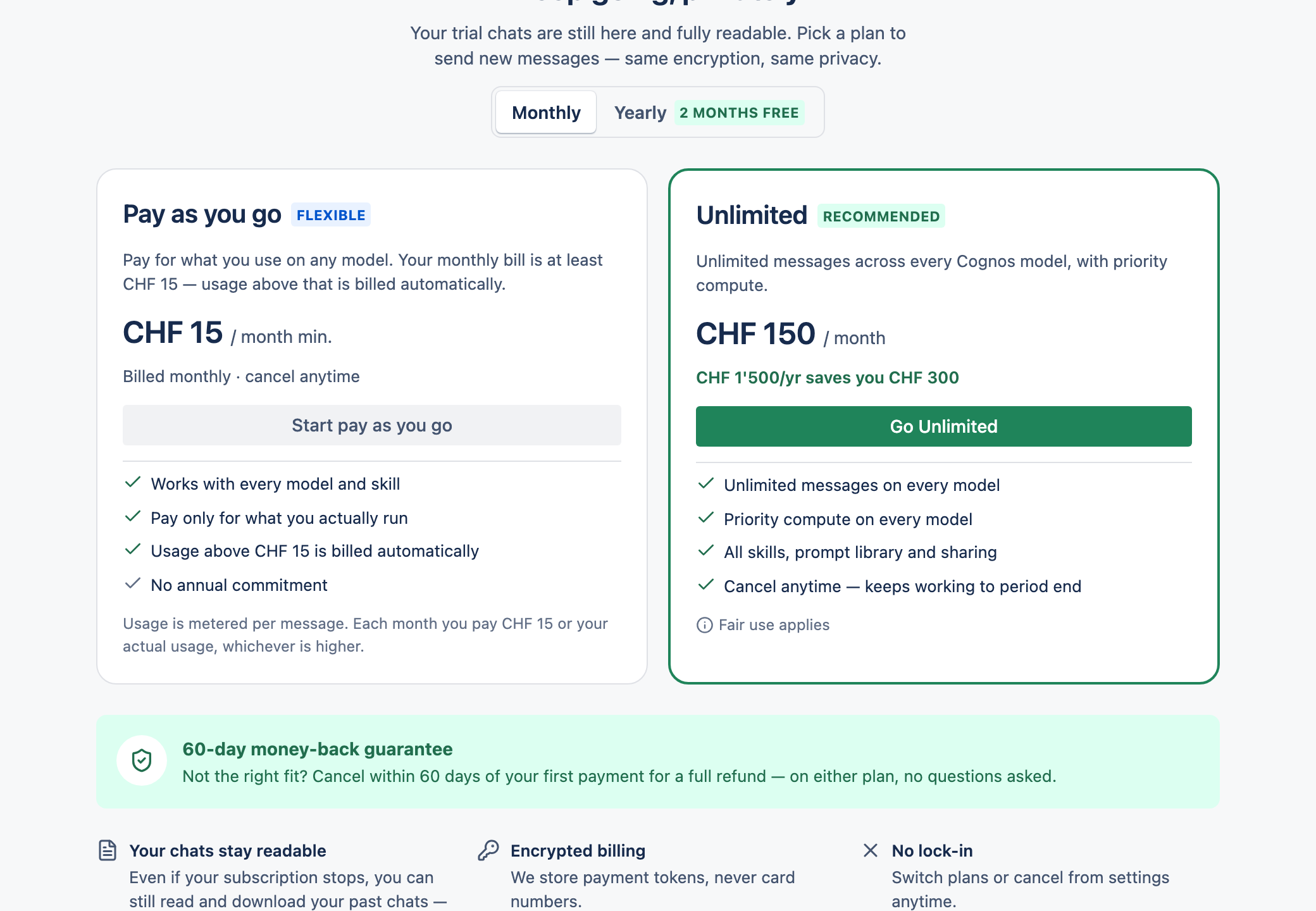 The pricing page showing Pay-As-You-Go and Unlimited plan cards.