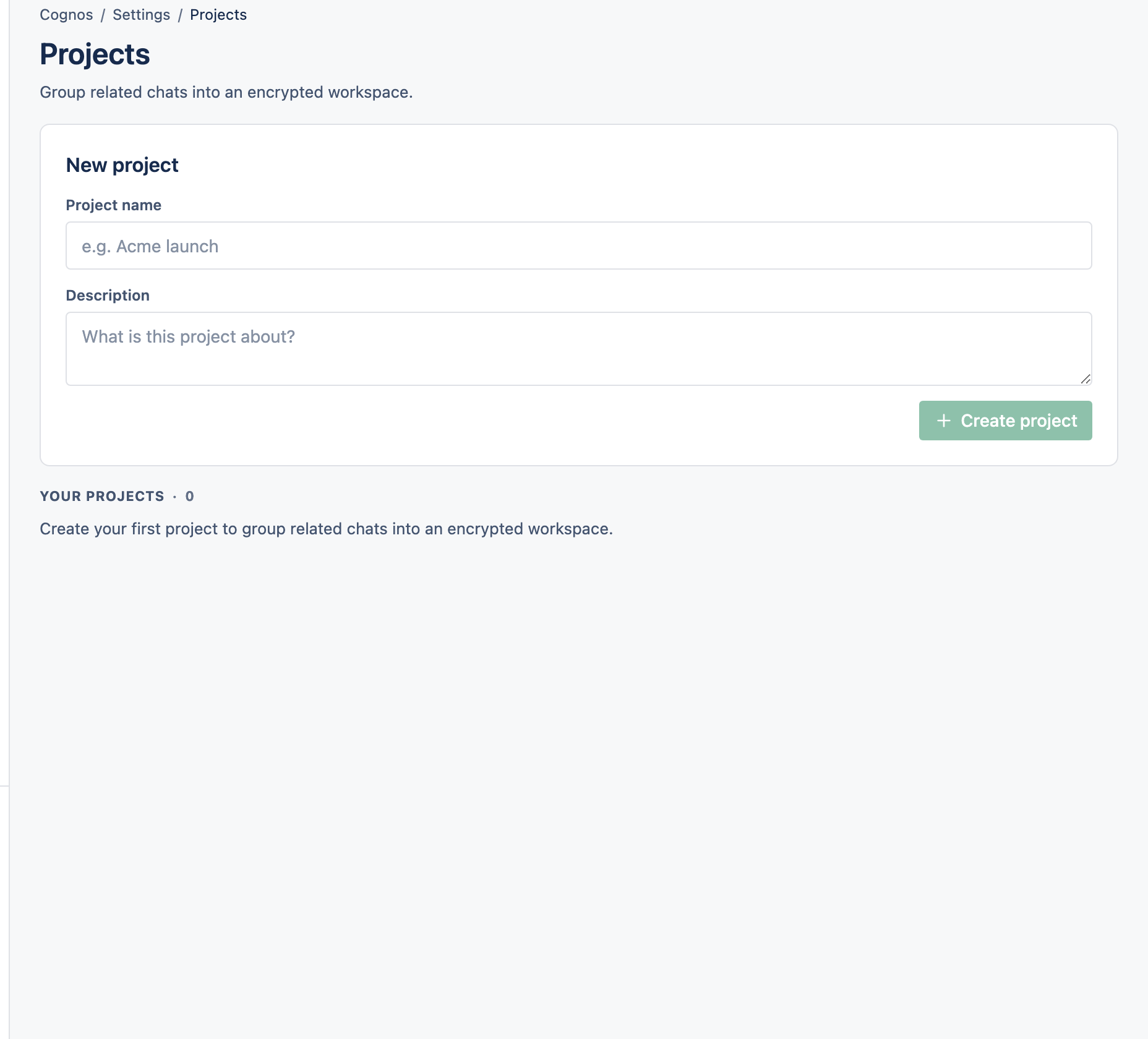 The Projects page listing projects.