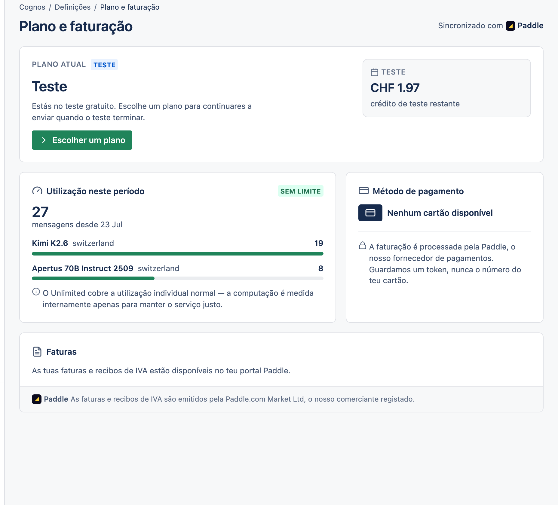 A página Plano e faturação com o plano atual e as faturas.