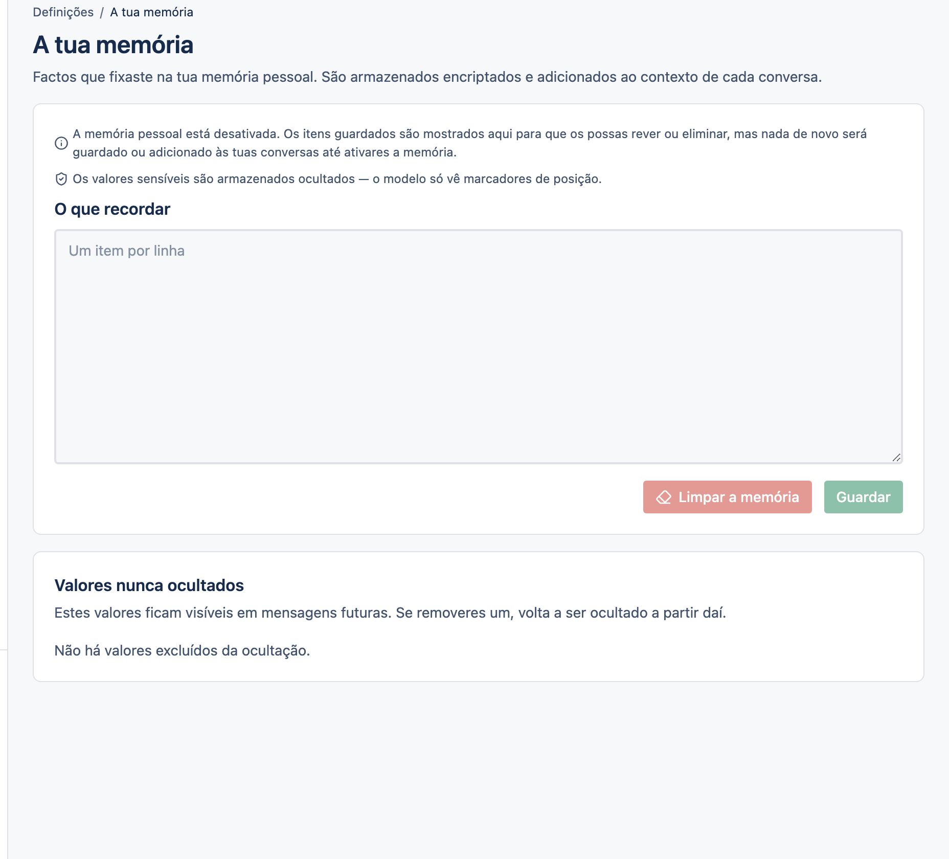 A página de definições de Memória.