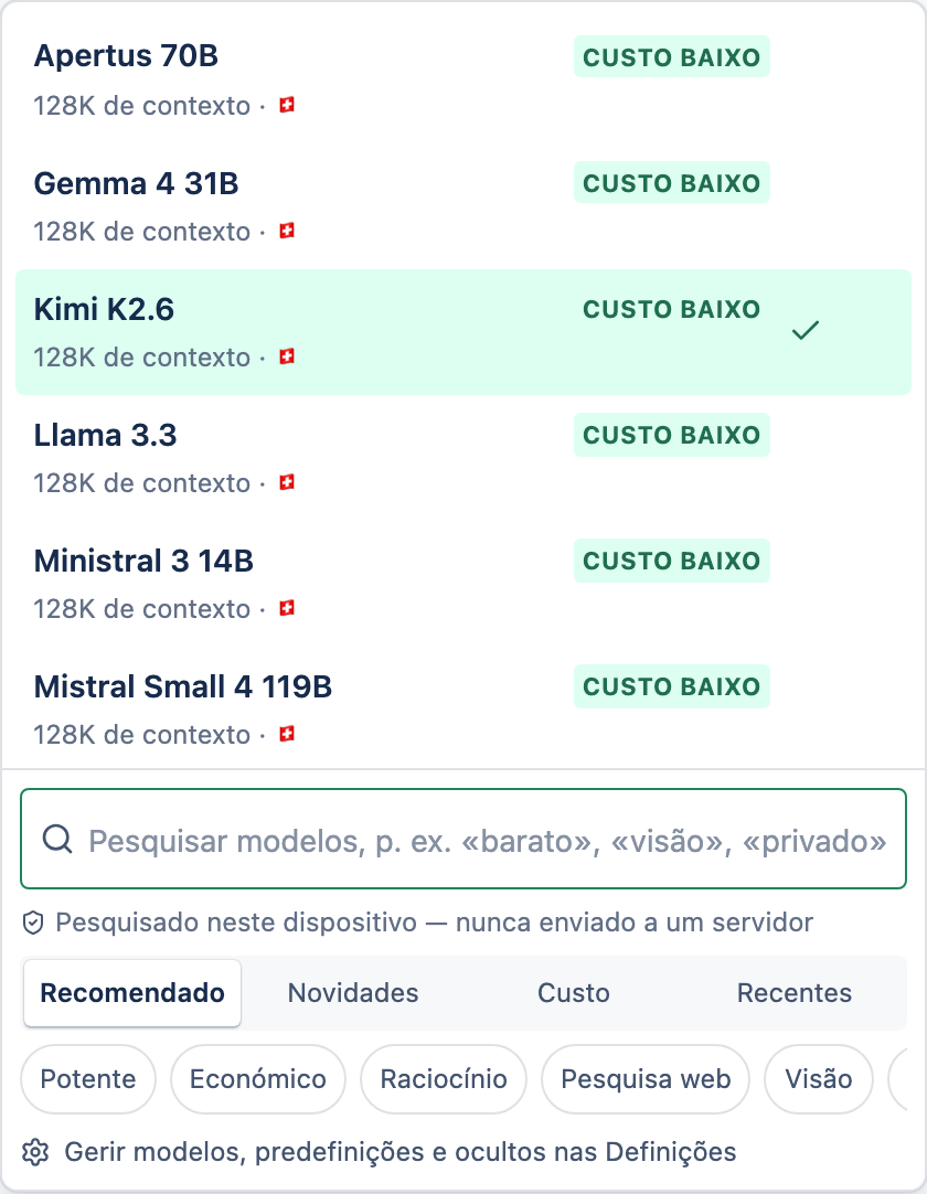 O seletor de modelos a mostrar modelos fixados, recentes e recomendados com filtros rápidos.