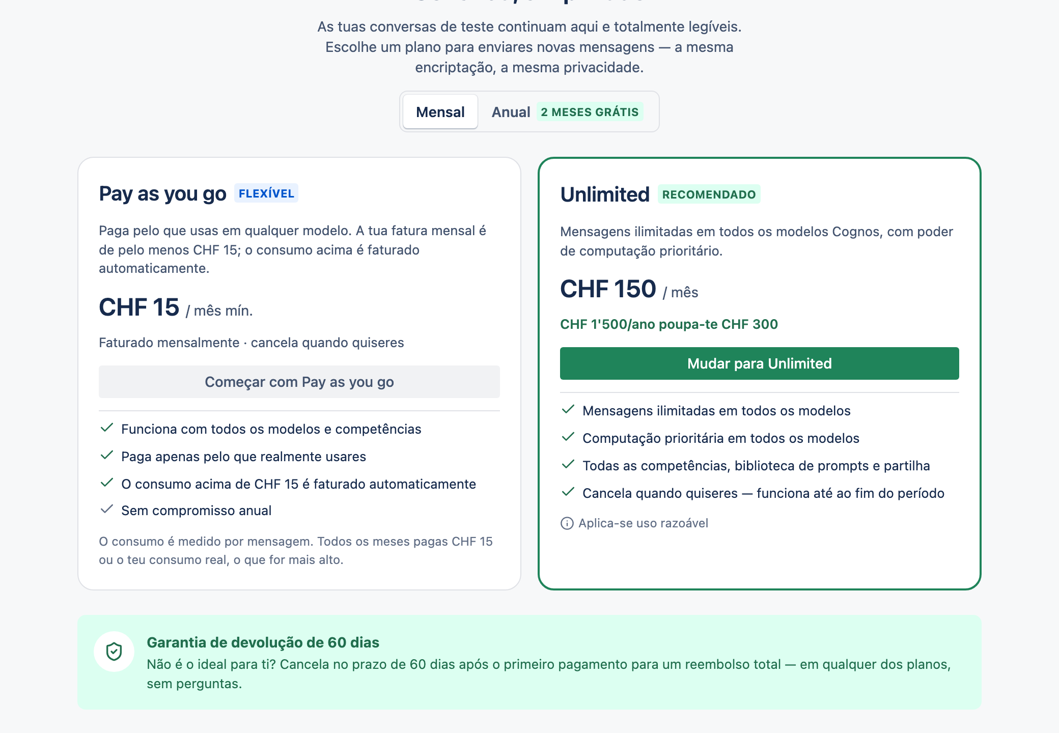 A página de preços a mostrar os cartões dos planos Pay-As-You-Go e Unlimited.