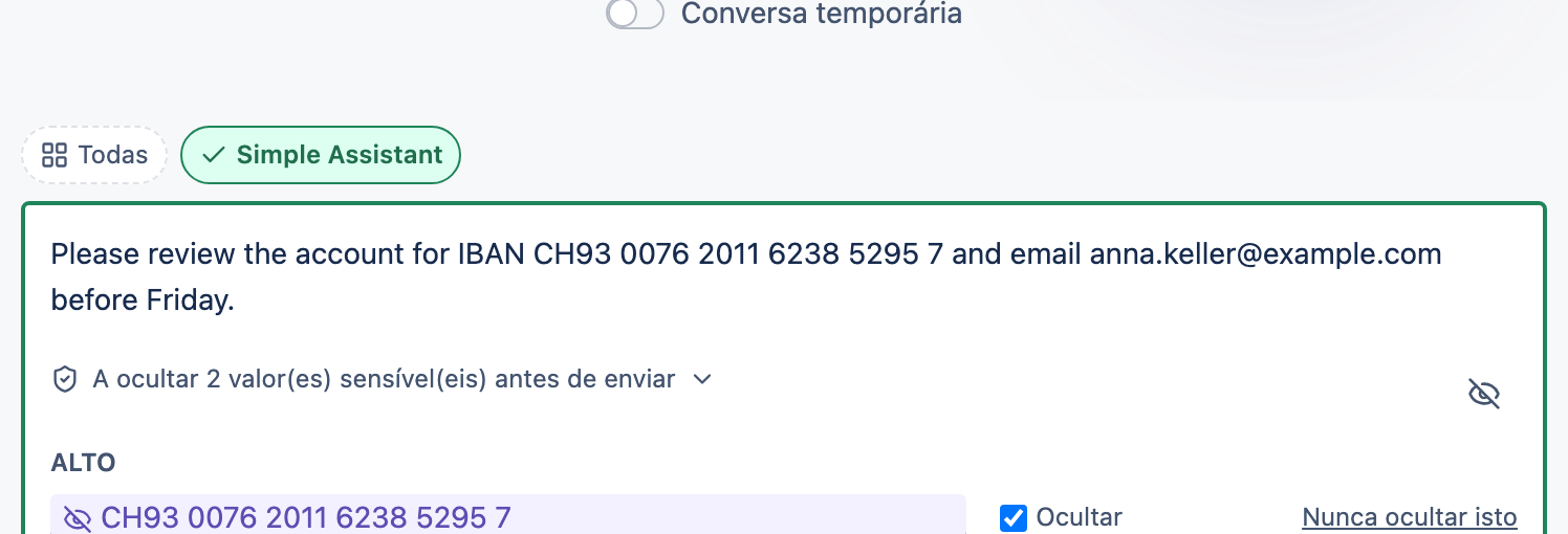A caixa de mensagem a mostrar os valores sensíveis detetados destacados antes do envio.