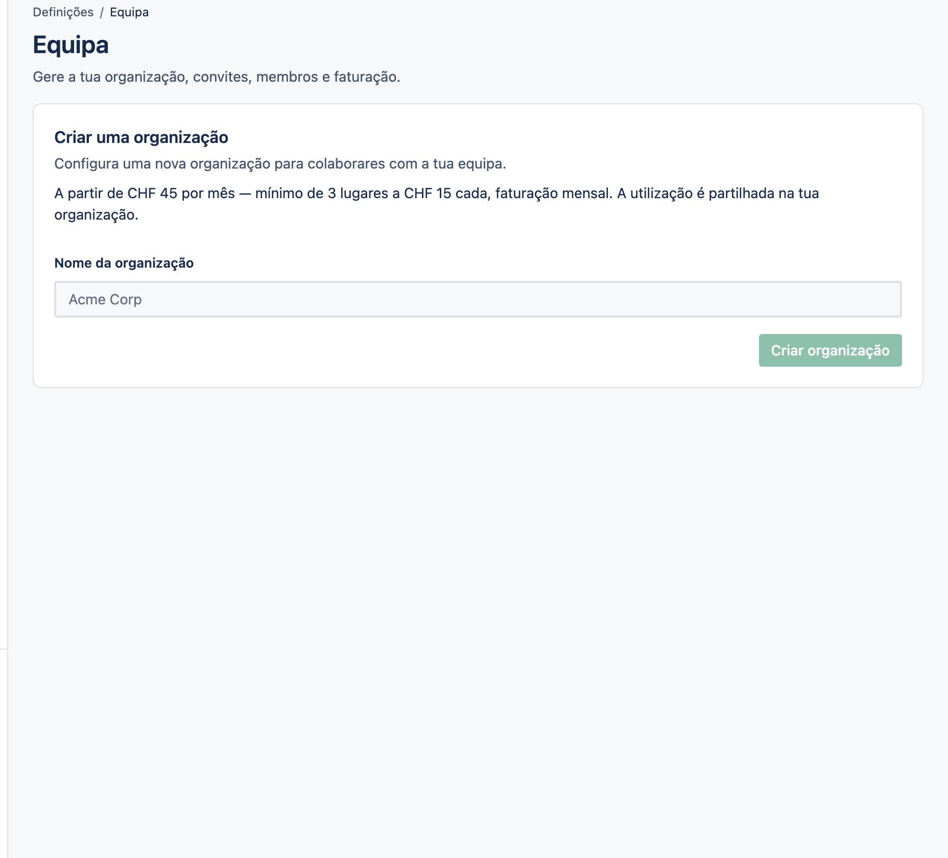 A página de definições Equipa de uma Organização.
