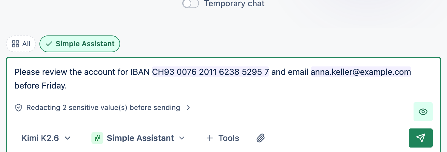 The message box showing detected sensitive values highlighted before sending.