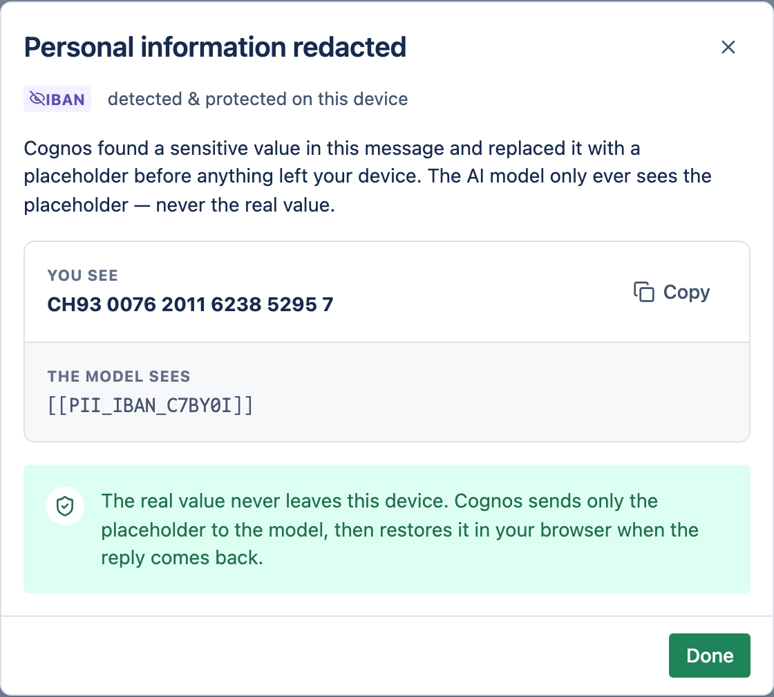 The Personal information redacted modal comparing what you see with what the model saw.